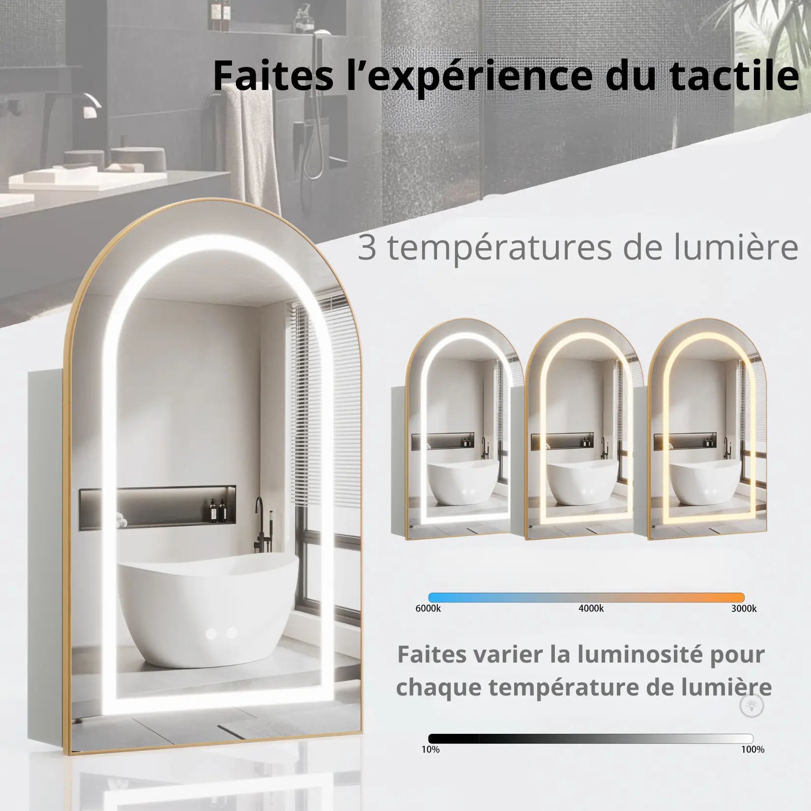 Réglage de la luminosité tactile sur miroir LED de salle de bain – 3 teintes personnalisables.