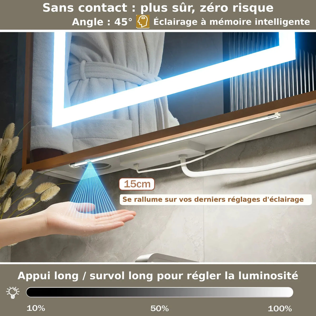 Capteur sans contact sous l'armoire de toilette : un geste de la main commande l'éclairage LED.