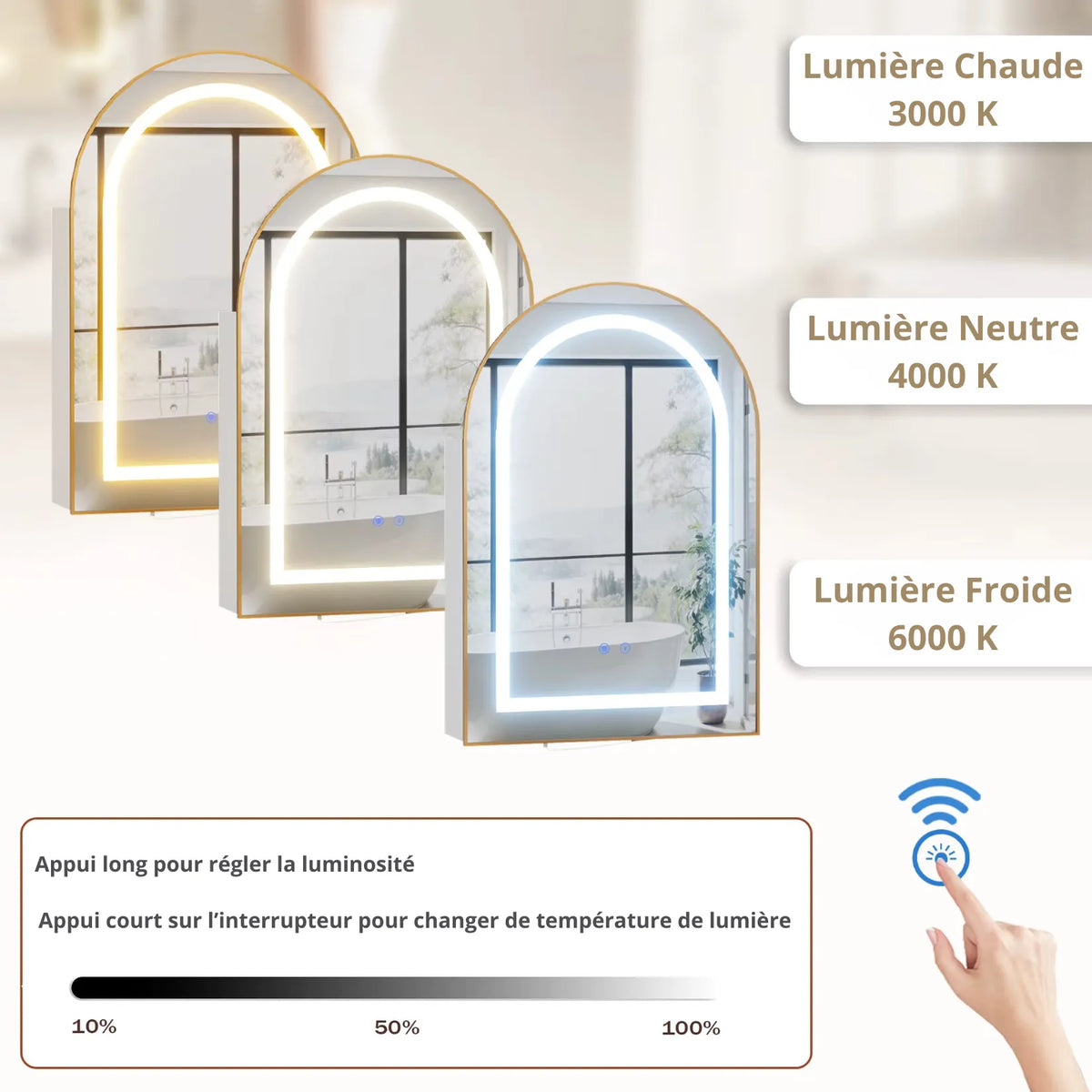 Miroir arche LED en 3 températures de couleur : lumière chaude 3000K, neutre 4000K, froide 6000K.