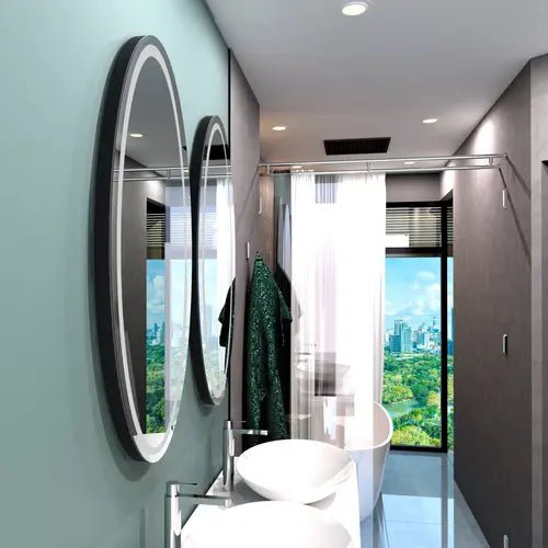 Miroir ovale 80x120 cm avec boîtier fin pour une fixation à 5 mm du mur, offrant une finition élégante et épurée