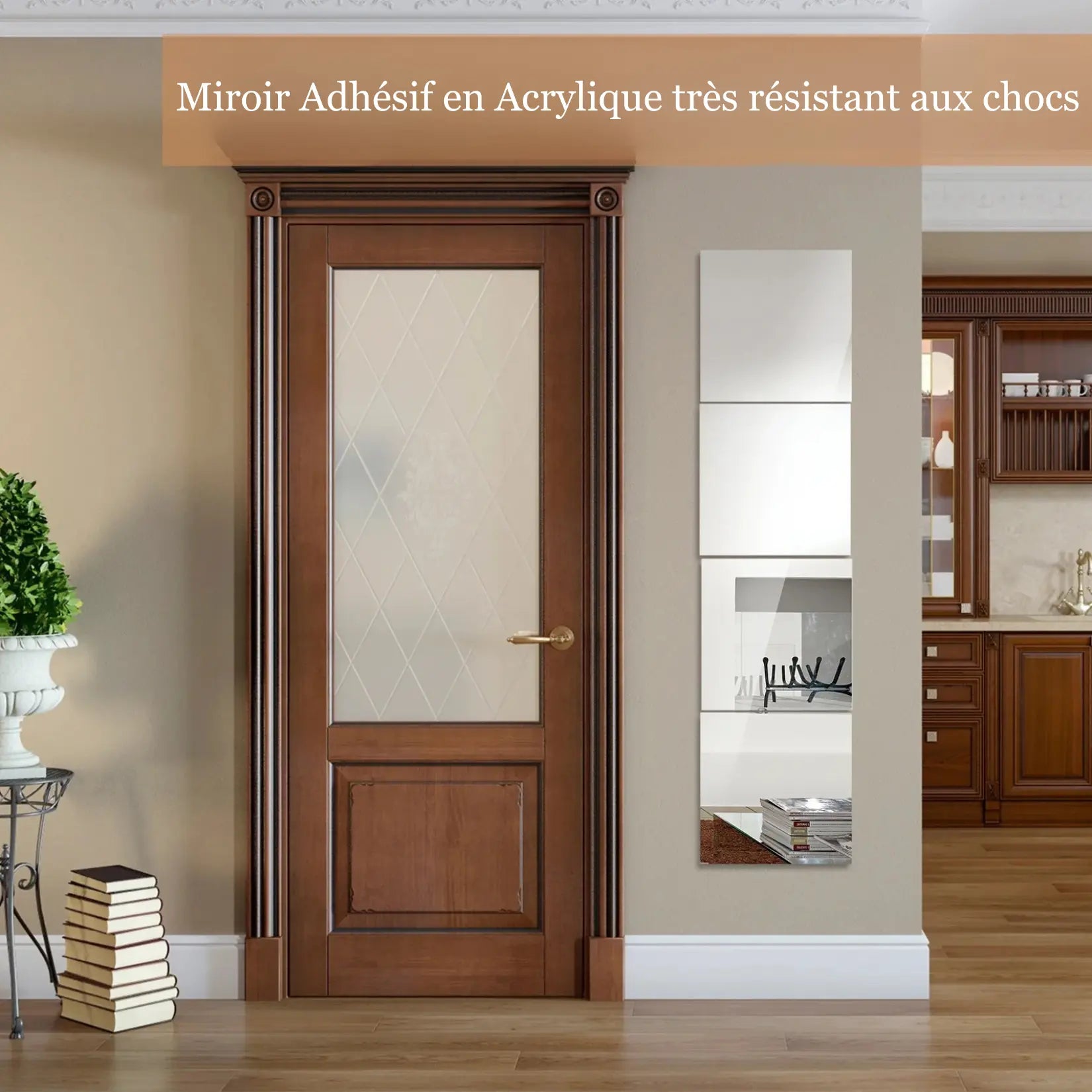Carré de miroir adhésif utilisé pour décorer une porte en bois classique avec un style chic et raffiné.