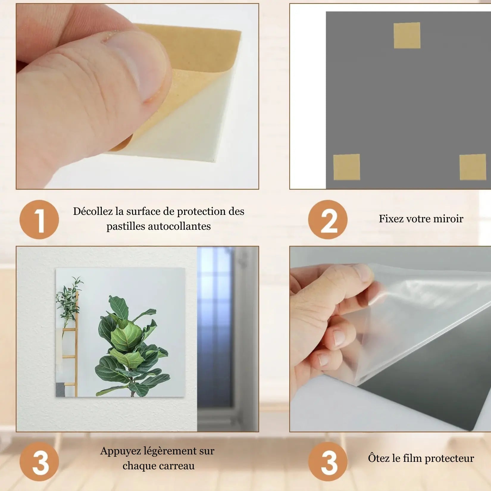 Guide en 3 étapes pour coller facilement chaque carré de miroir adhésif avec pastilles autocollantes incluses.