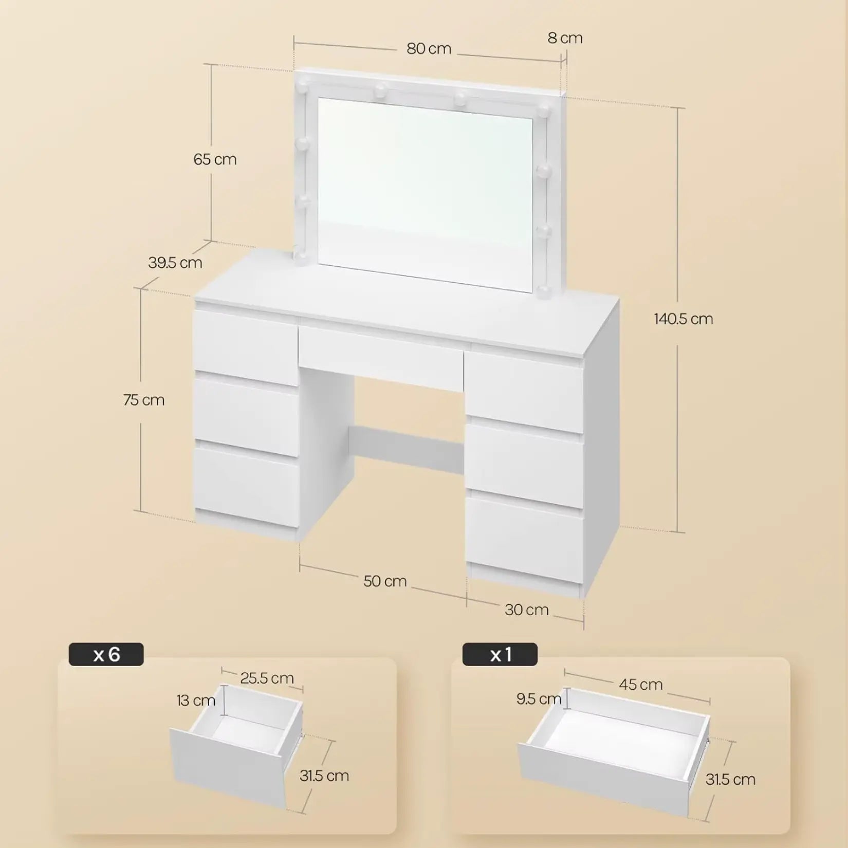 La coiffeuse avec grand miroir LED et toutes ses dimensions.