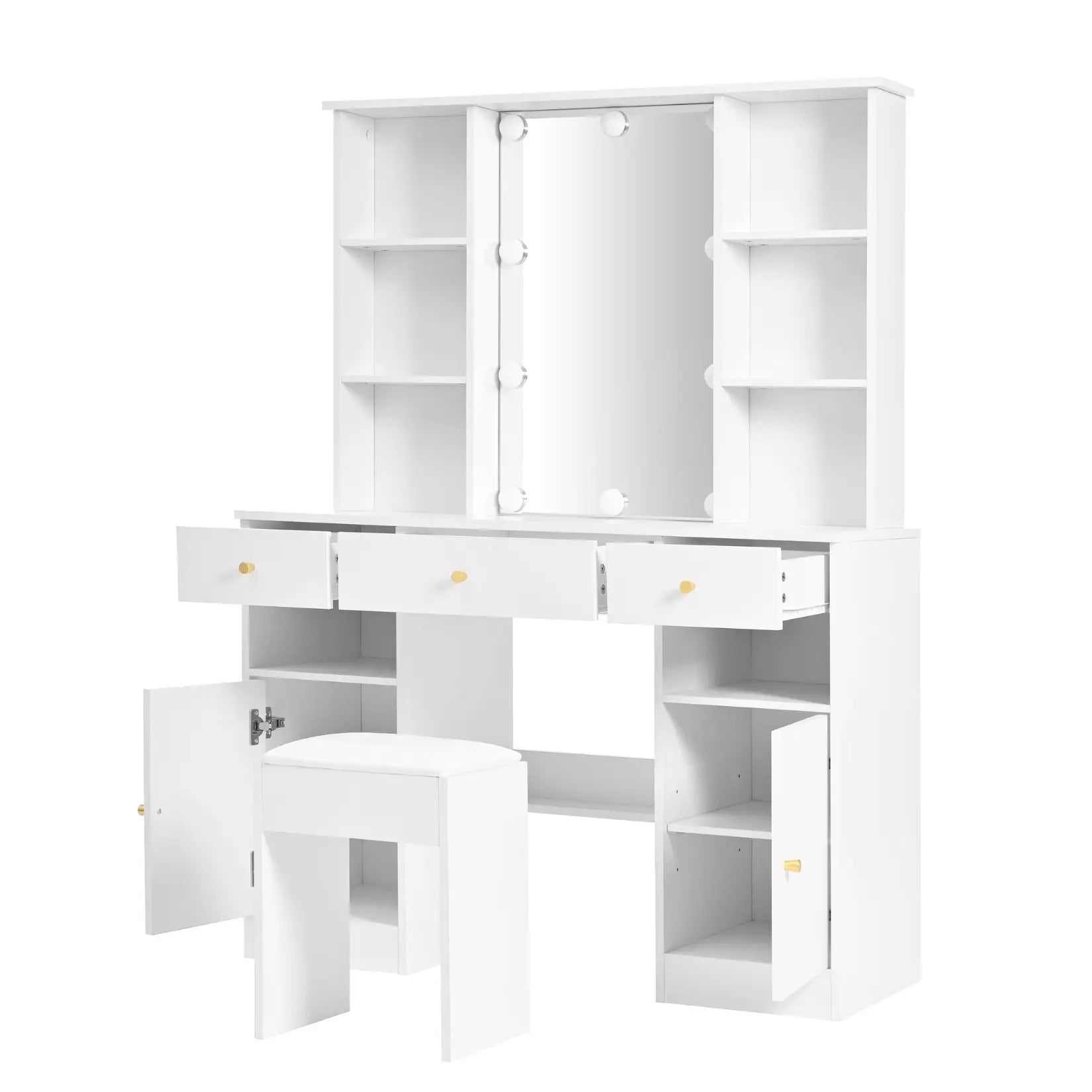 Coiffeuse avec tiroirs et placards ouverts – vue du meuble vide avant utilisation.