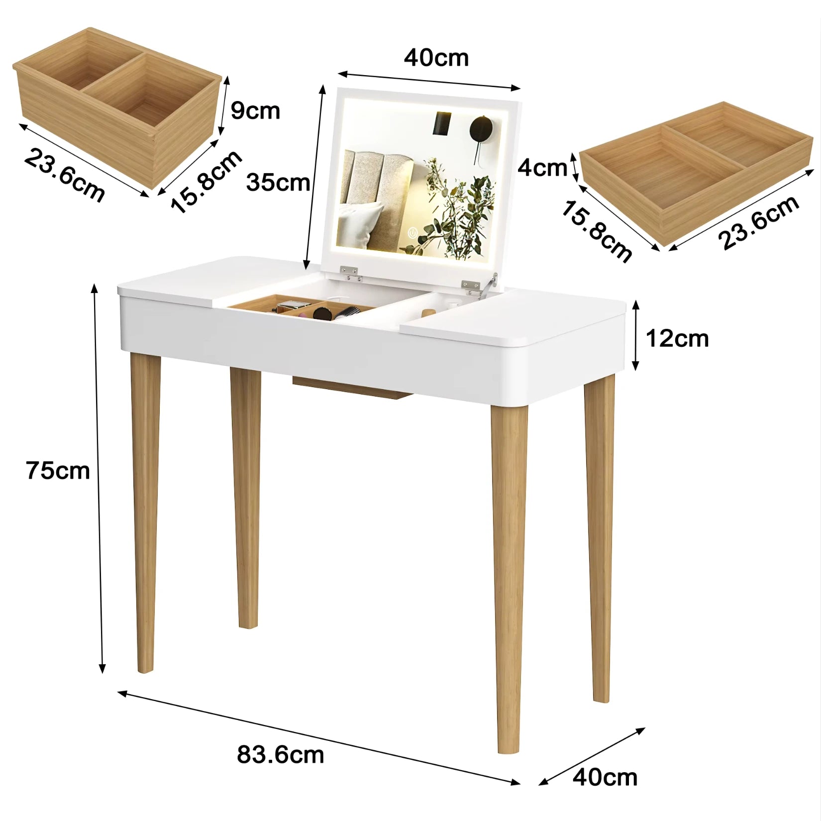 Dimensions complètes de la coiffeuse avec miroir rabattable 40x35 cm.