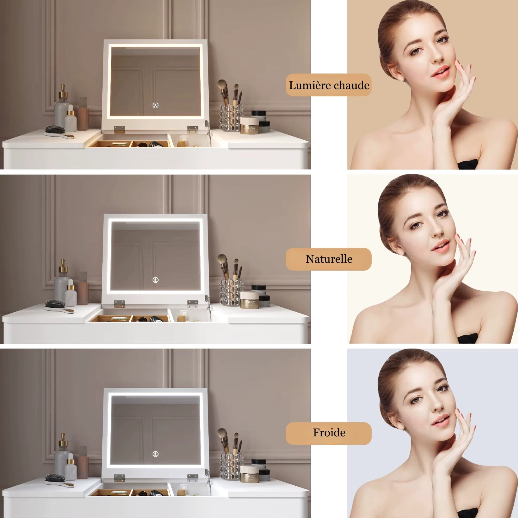 Éclairage LED trois températures pour la coiffeuse avec miroir rabattable.