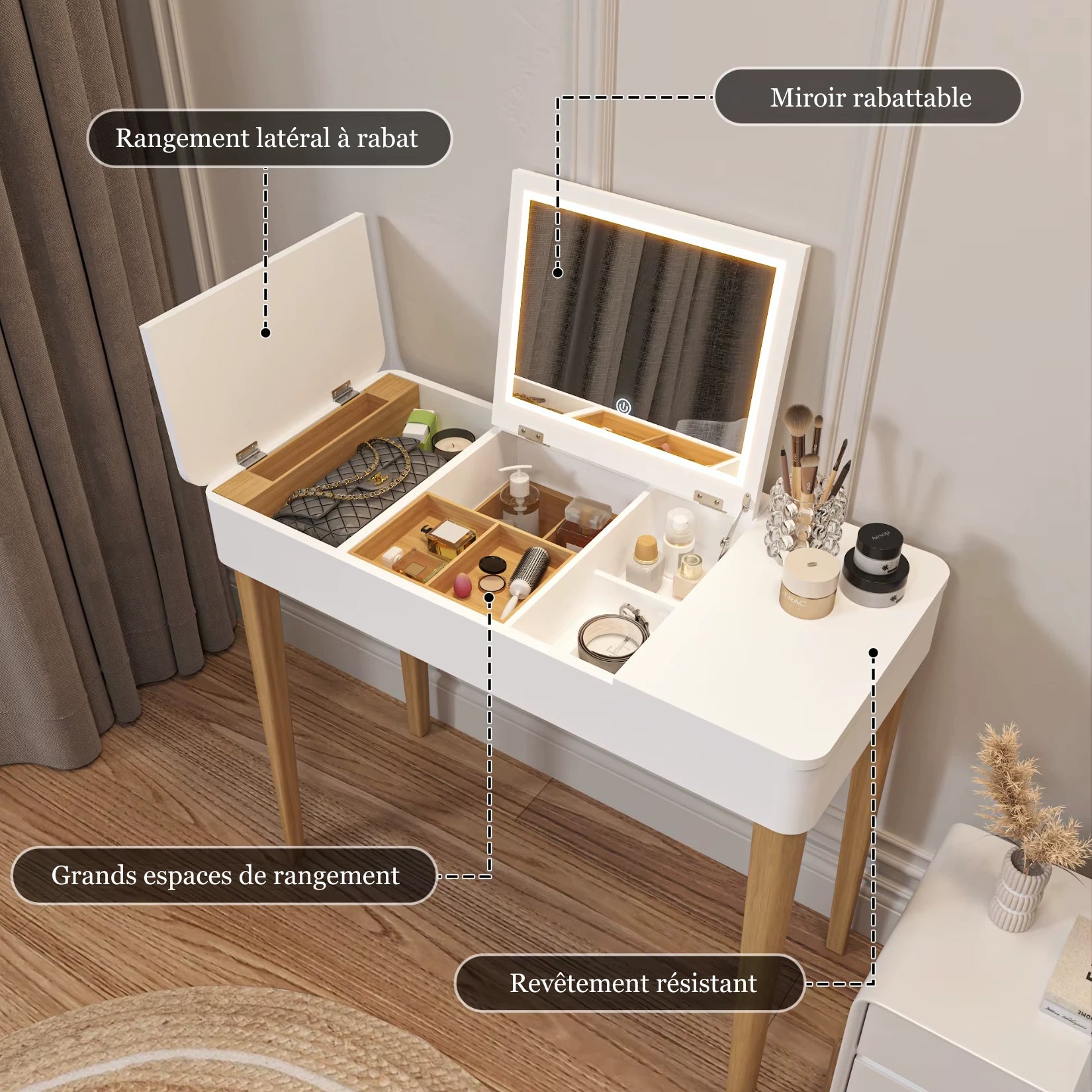 Schéma des rangements et détails techniques de la coiffeuse avec miroir rabattable.
