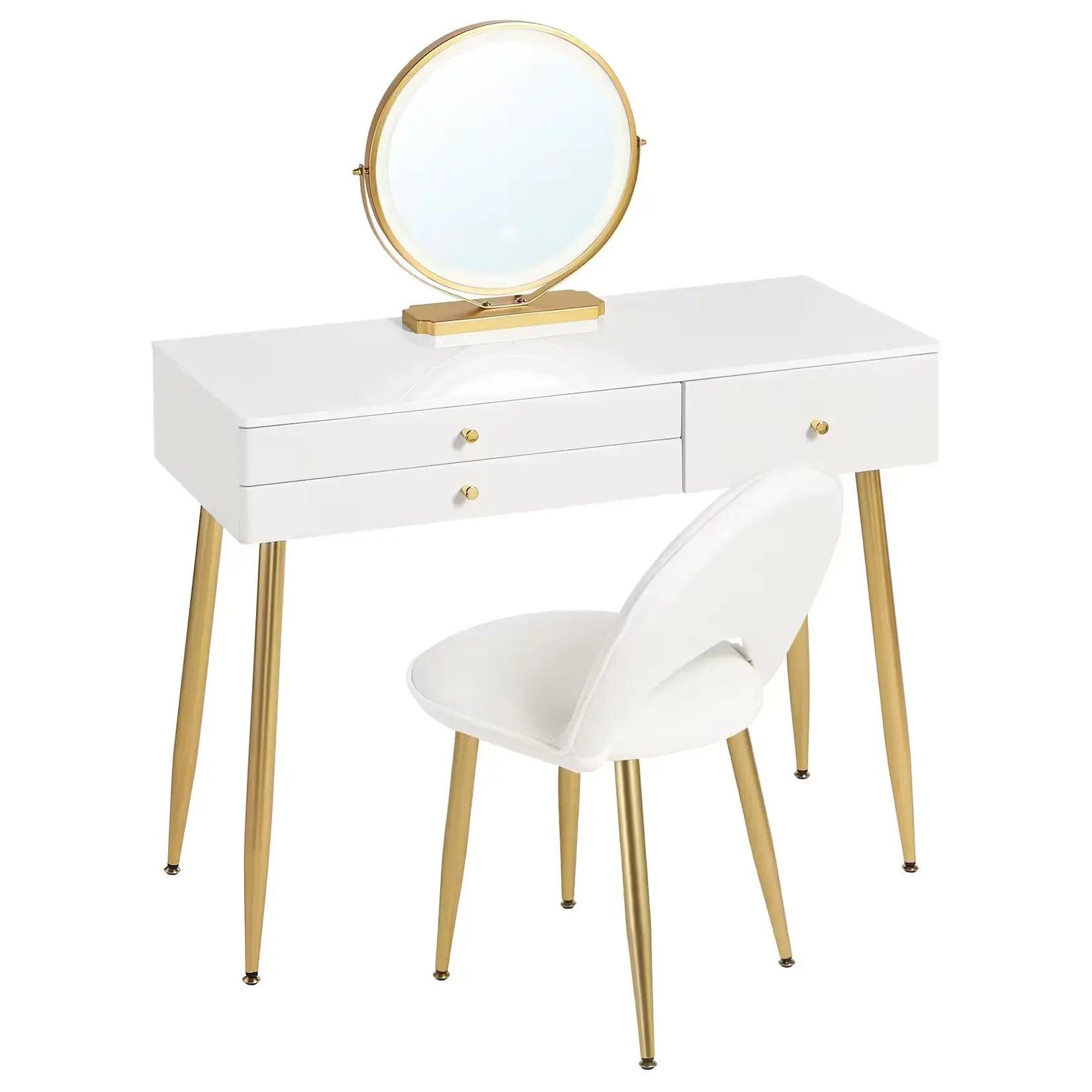 Coiffeuse miroir rond blanche avec pieds dorés, vue latérale.