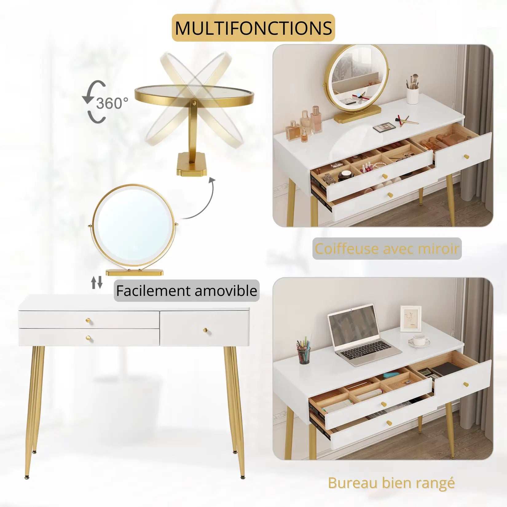 Coiffeuse avec miroir rond multifonction 360°, amovible, bureau maquillage.