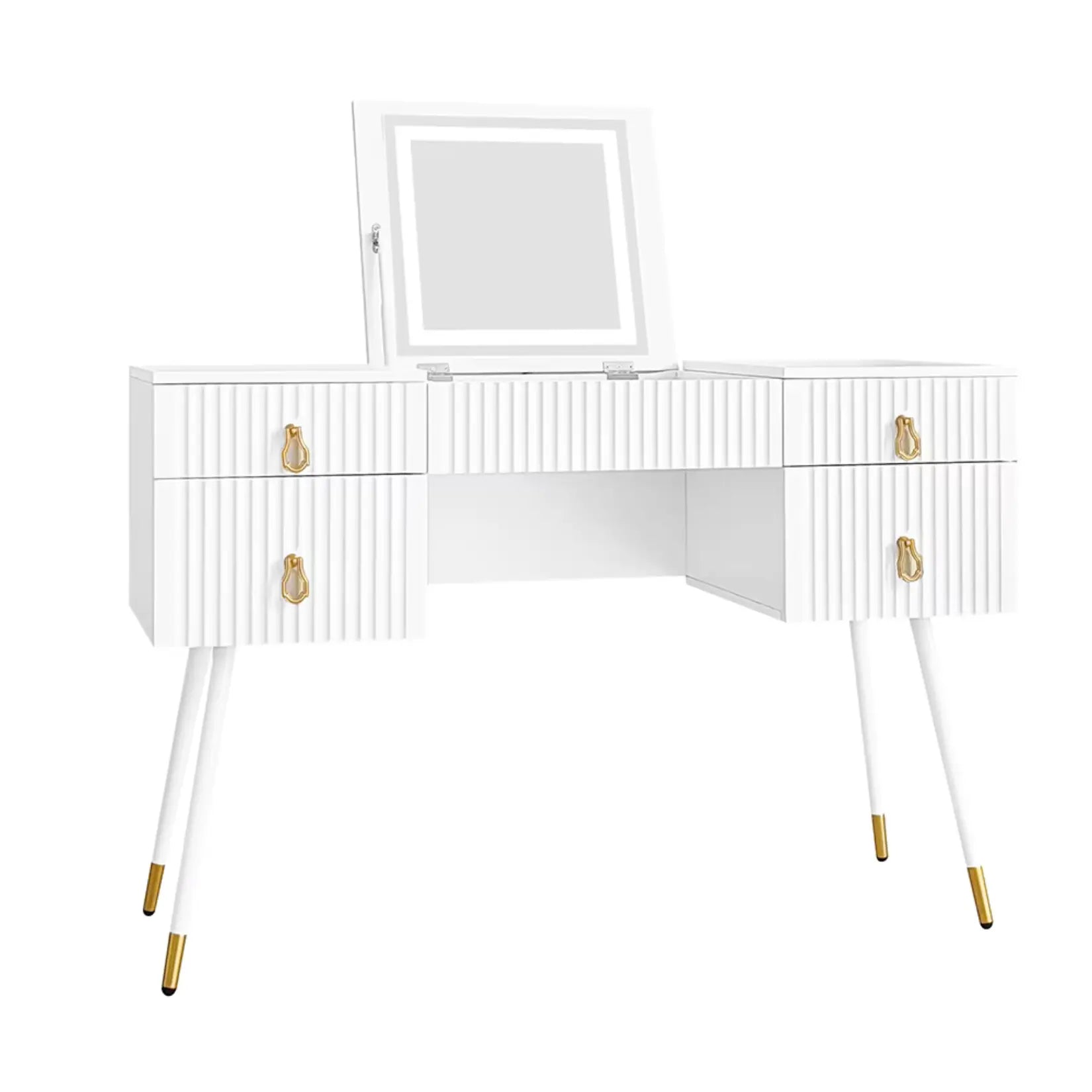 Coiffeuse Blanche avec Miroir LED Rabattable et 6 Tiroirs Complète.