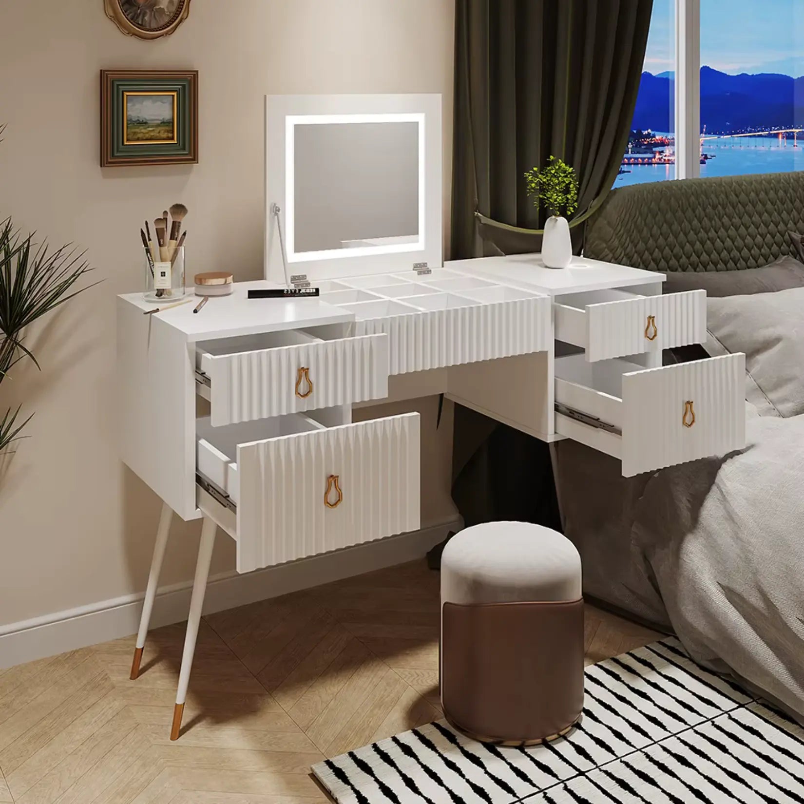 Coiffeuse Blanche Miroir LED - Tiroirs Ouverts Organisation Parfaite.