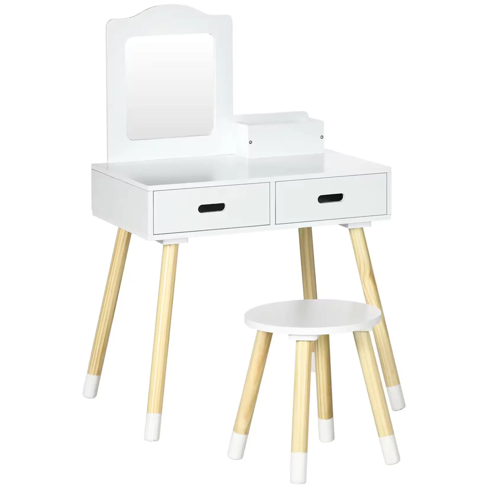 Coiffeuse enfant avec miroir blanche et tabouret assorti, au design scandinave épuré.
