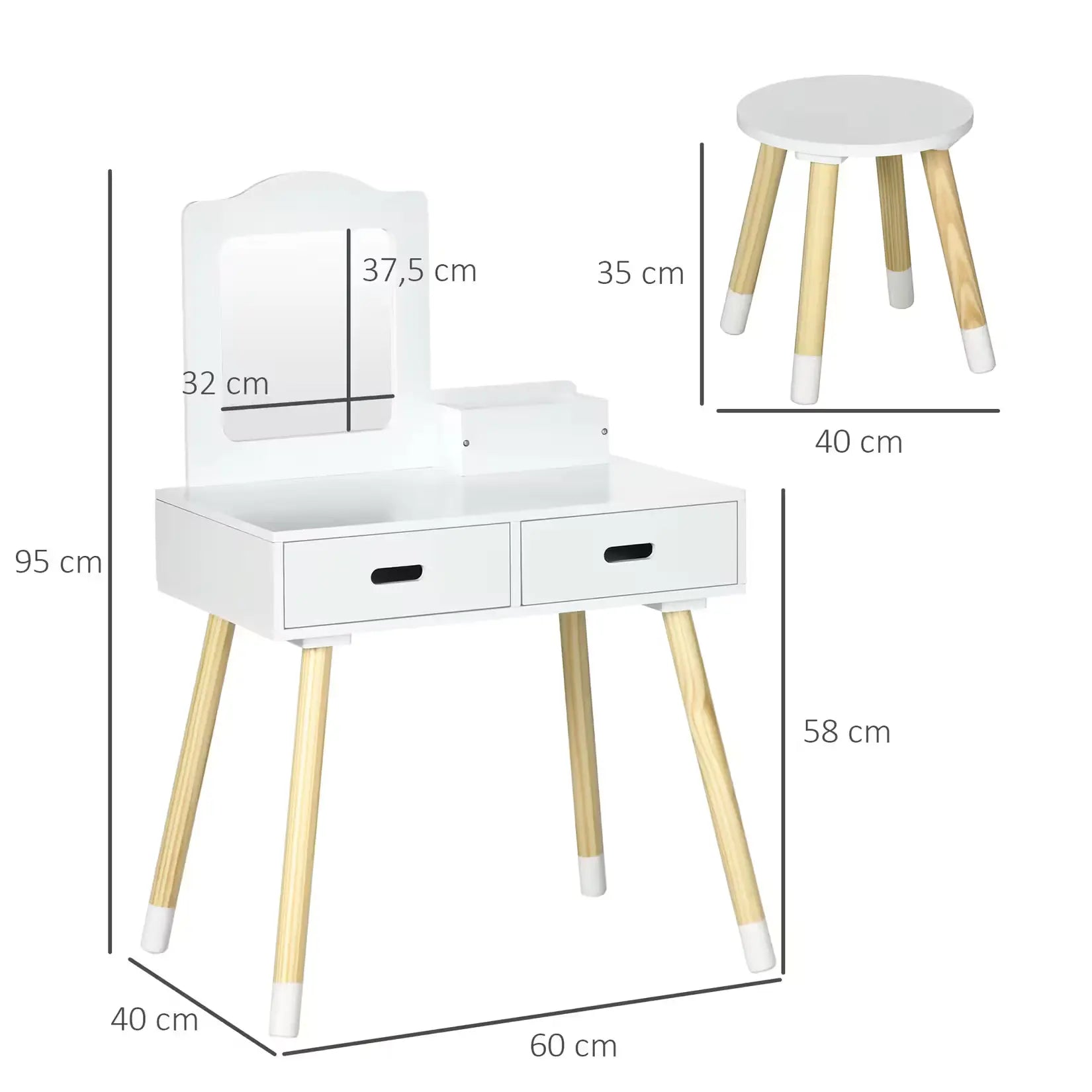 Dimensions complètes de la coiffeuse enfant avec miroir et tabouret en bois clair.