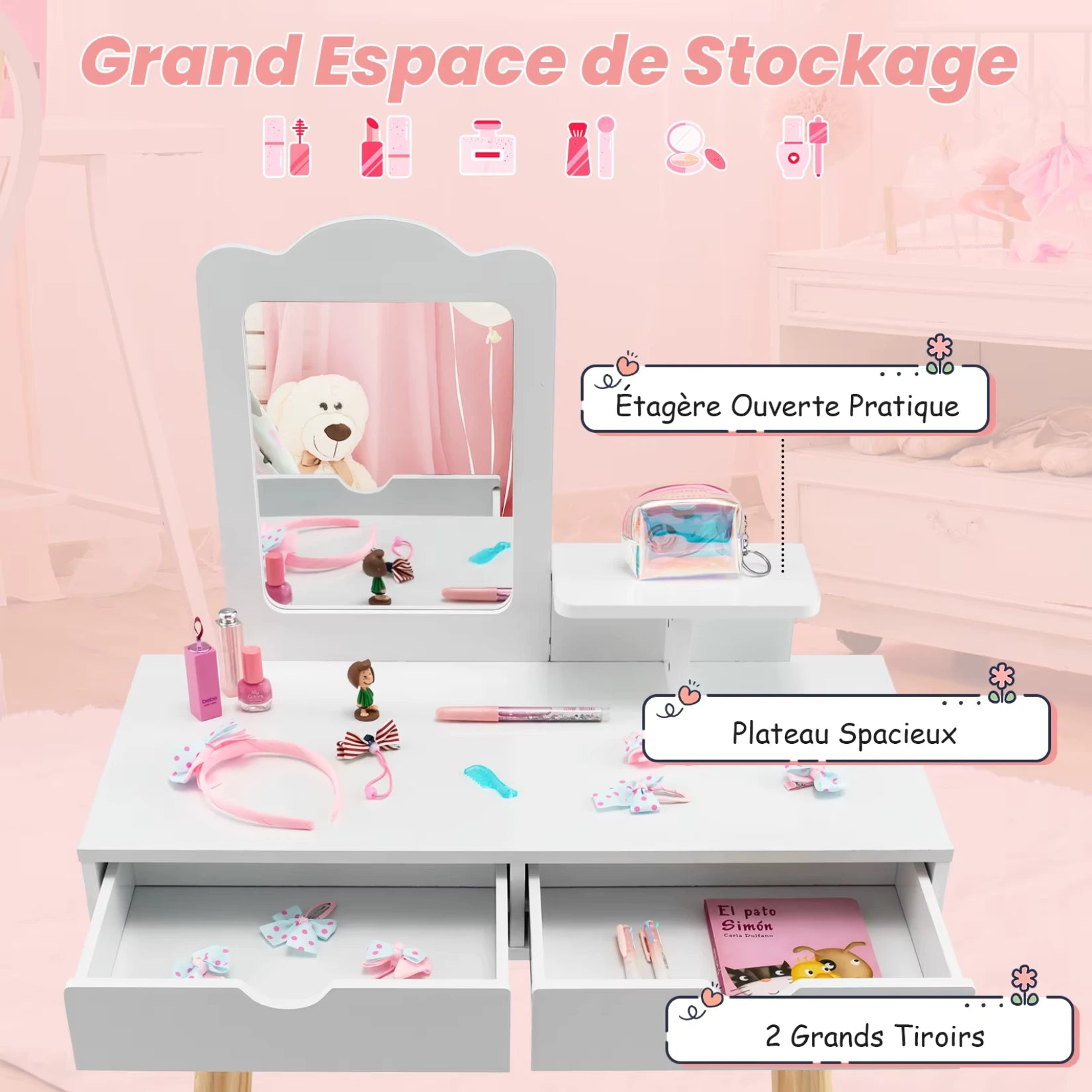 Coiffeuse enfant avec vrai miroir, deux tiroirs spacieux et étagère ouverte pour accessoires.