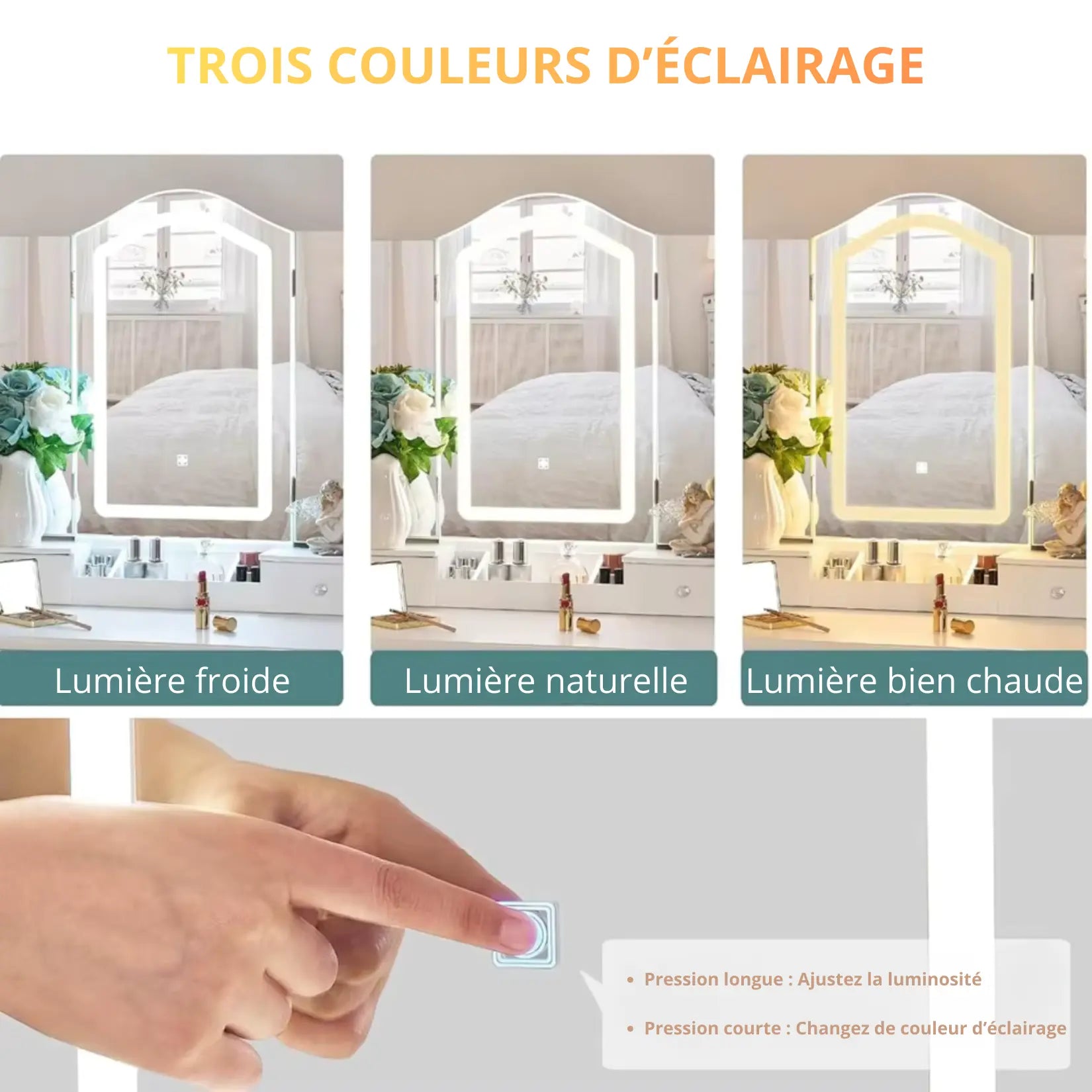 Coiffeuse grand tiroir 3 miroirs LED avec 3 couleurs d'éclairage réglables.