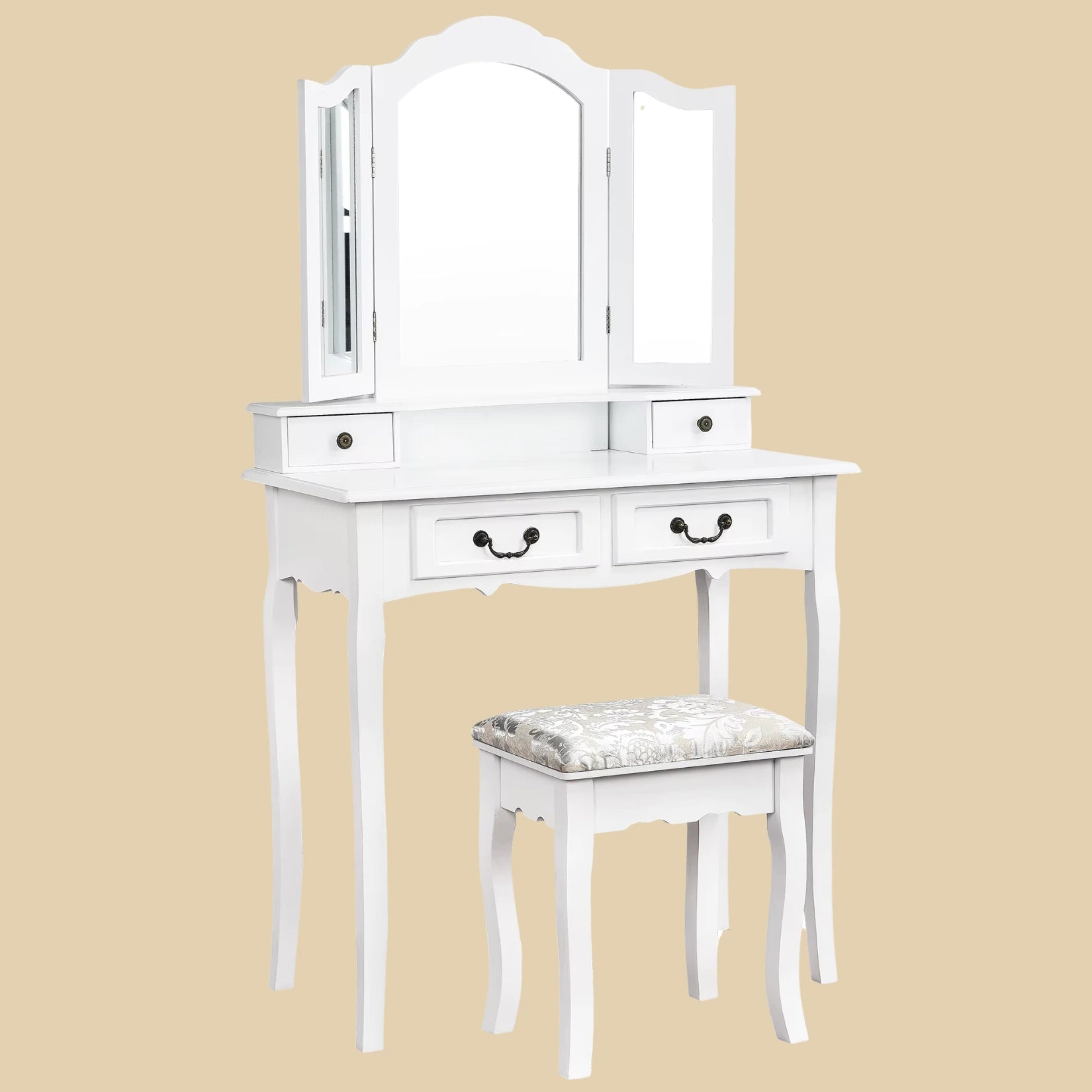 Profil latéral de la coiffeuse grand tiroir 3 miroirs avec tabouret vintage.