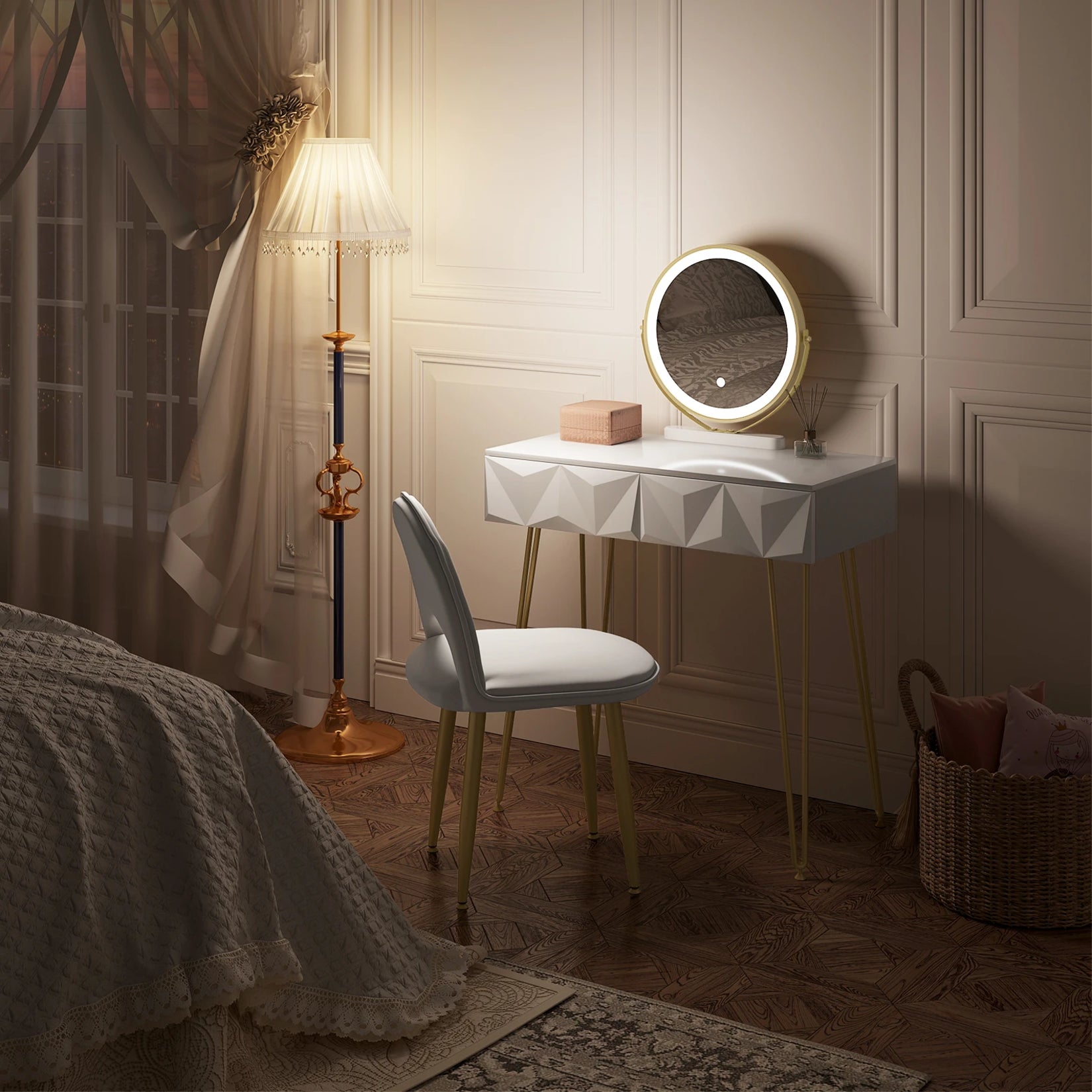 Coiffeuse LED avec miroir dans une chambre, éclairage doux pour une ambiance chaleureuse.
