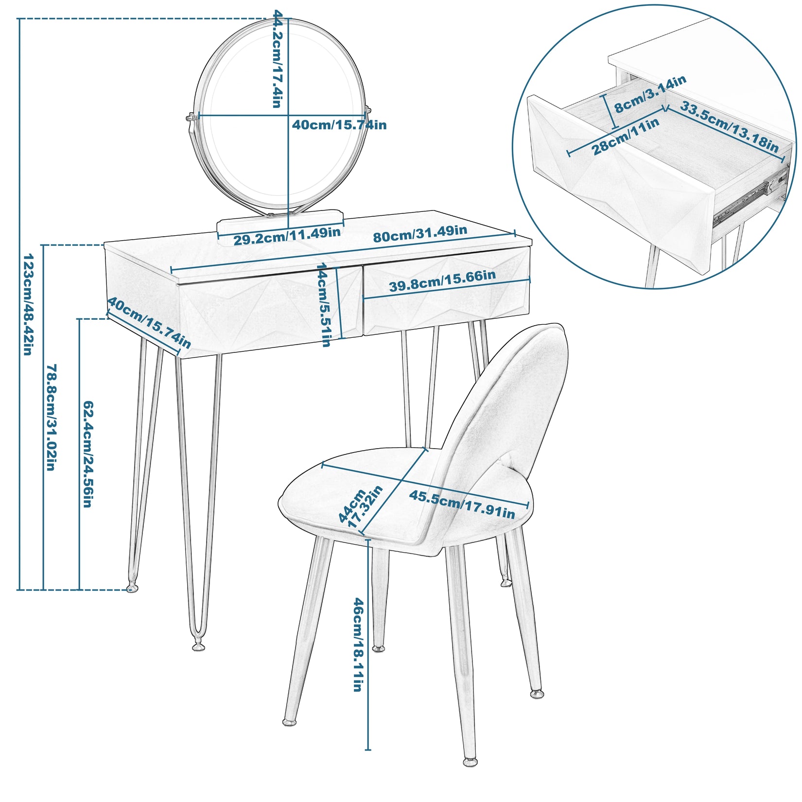 Schéma des dimensions de la coiffeuse avec miroir LED : table 80×123×40 cm, miroir 40 cm, tiroirs 33,5×28×8 cm et chaise.