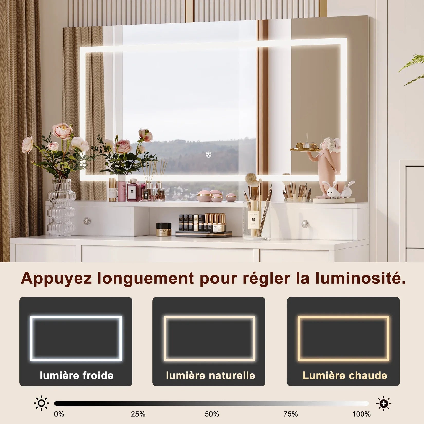 Coiffeuse Miroir LED 3 Couleurs d'Éclairage.