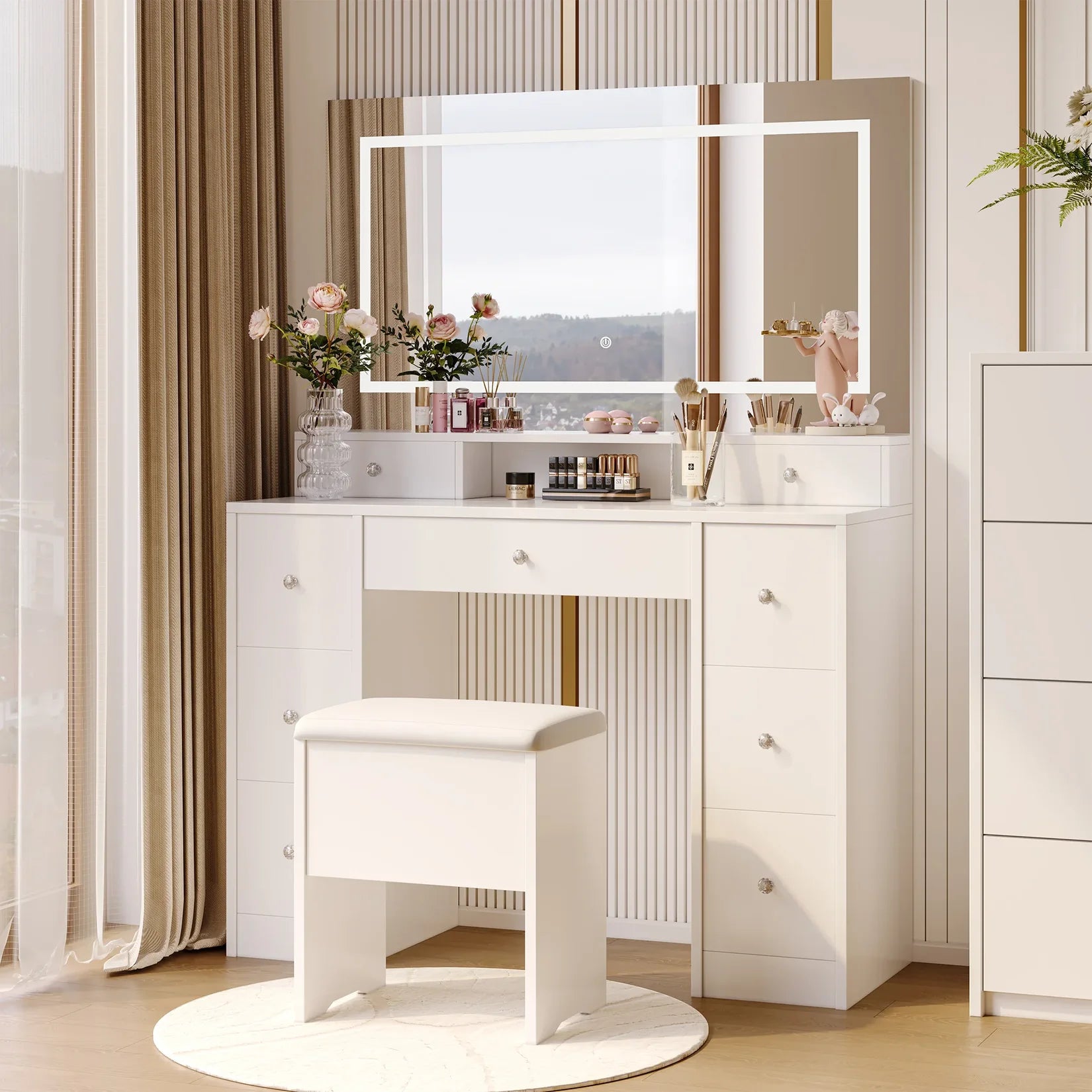 Coiffeuse Miroir LED Hollywood Design Blanc.