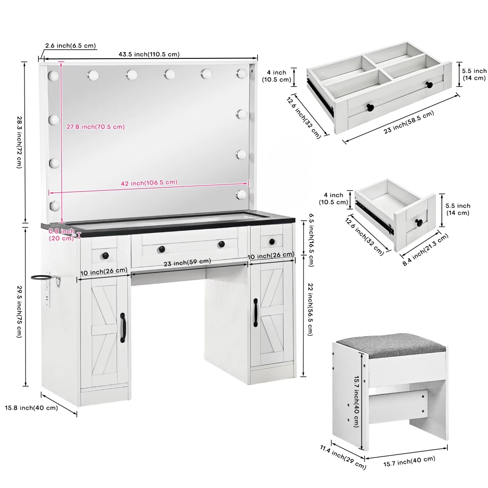 Dimensions détaillées et précises de la Coiffeuse Miroir LED Hollywood avec tabouret inclus.