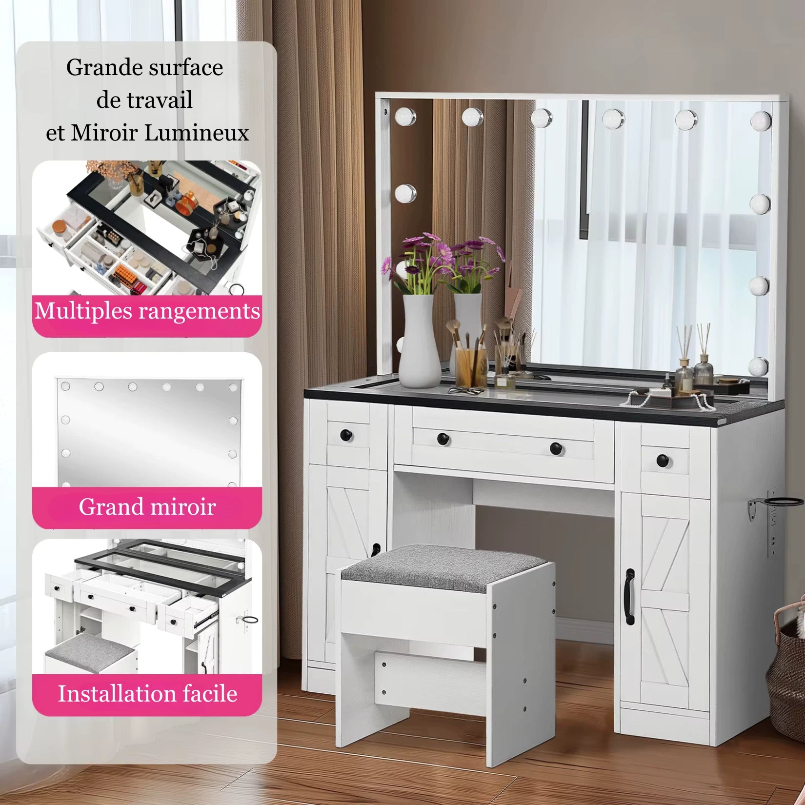 Vue élégante Coiffeuse Miroir LED Hollywood avec surface en verre et multiples espaces de rangement.