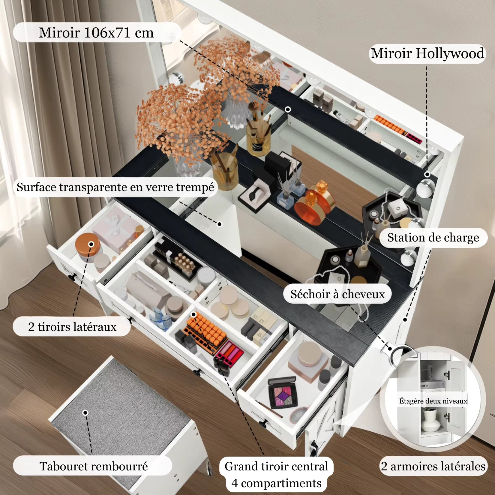 Détails de rangement et station de charge sur la Coiffeuse Miroir LED Hollywood.