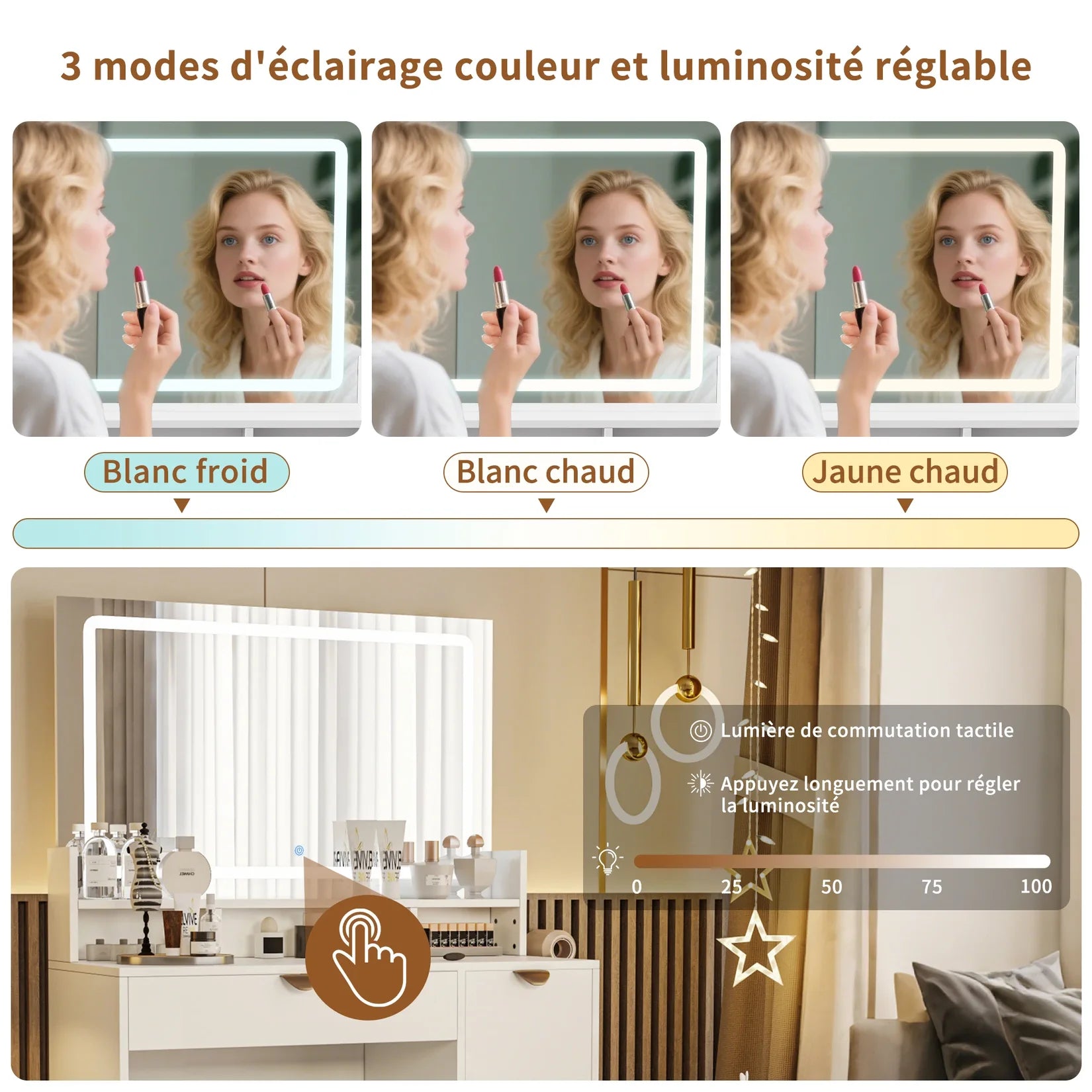 Coiffeuse Miroir LED Luminosité Réglable Tactile.