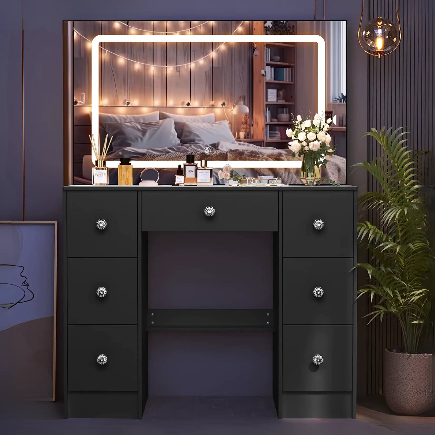Coiffeuse Miroir LED Noir - Ambiance Romantique Chambre.