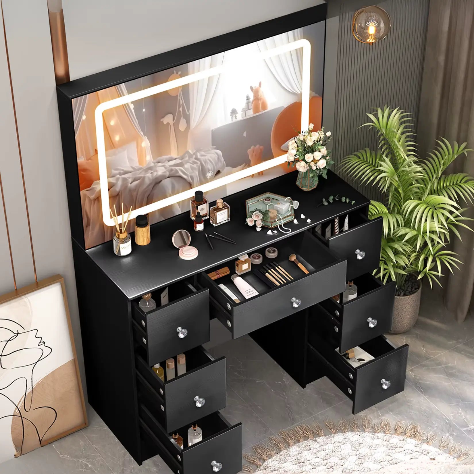Coiffeuse Miroir LED Noir - 7 Tiroirs Ouverts Organisation.