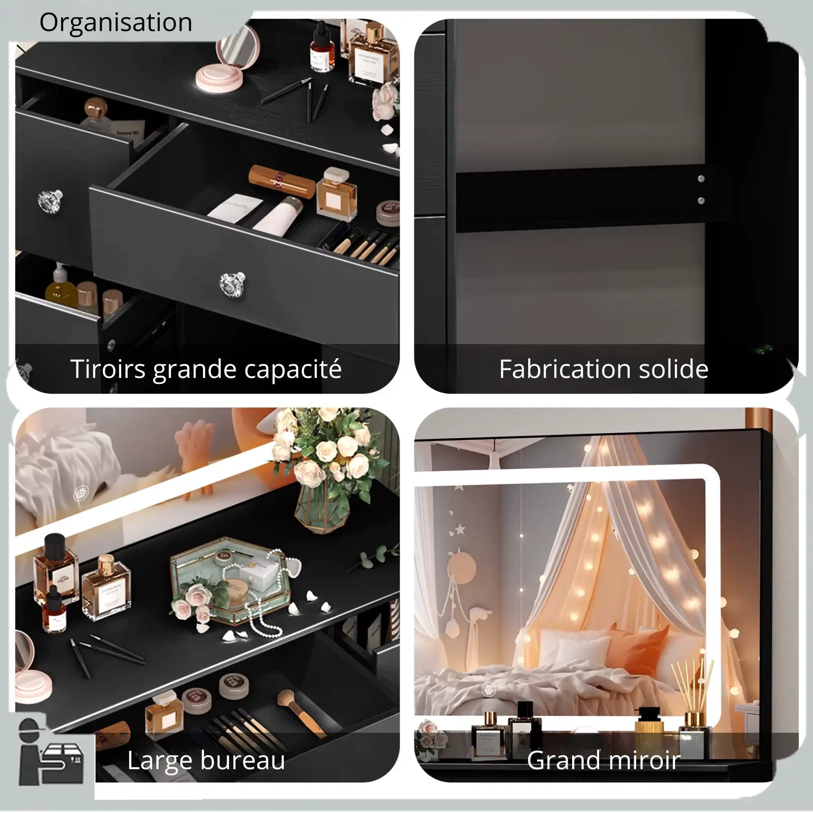 Coiffeuse Miroir LED Noir - Tiroirs Grande Capacité Détails.