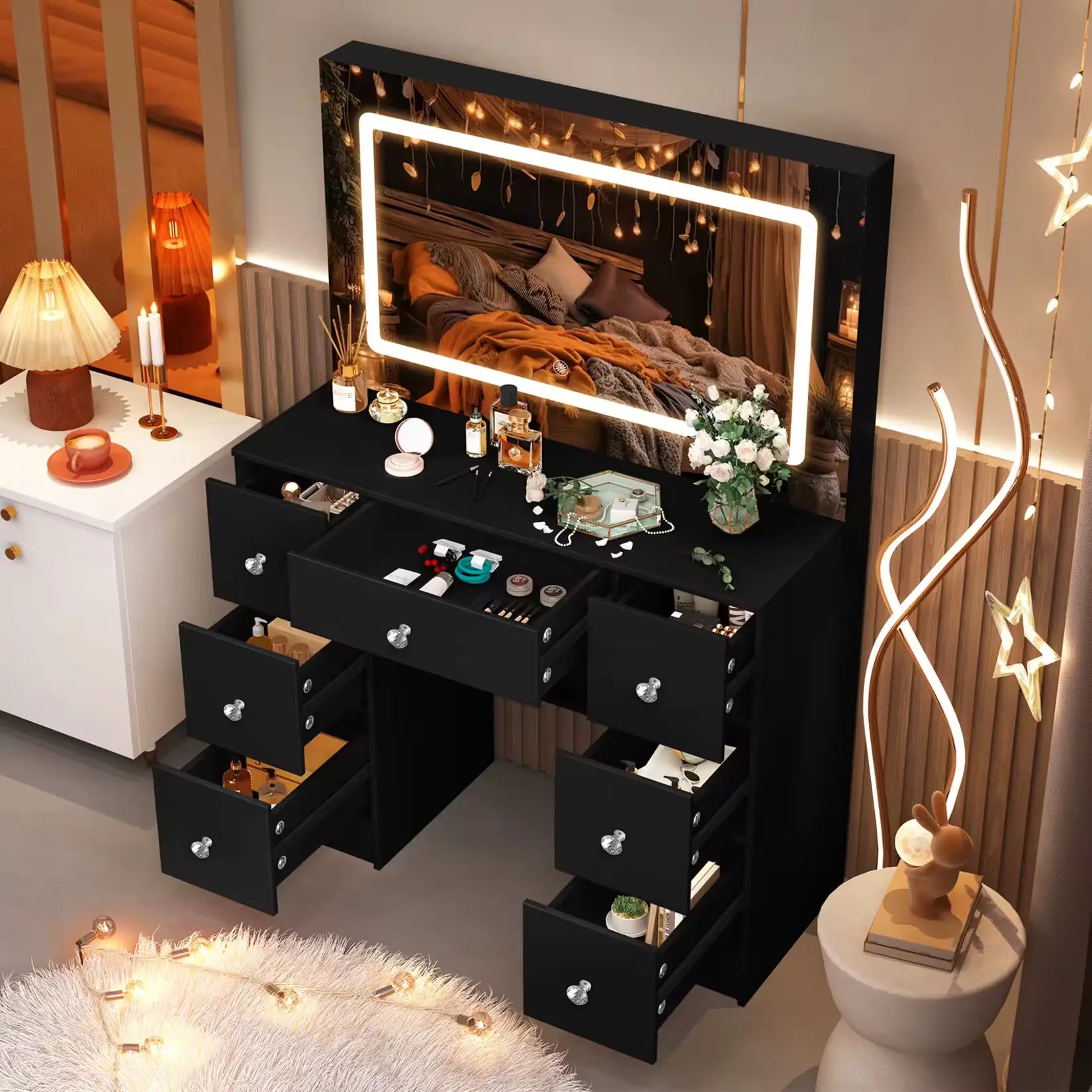 Coiffeuse Miroir LED Noir - Vue Rangements Complets.