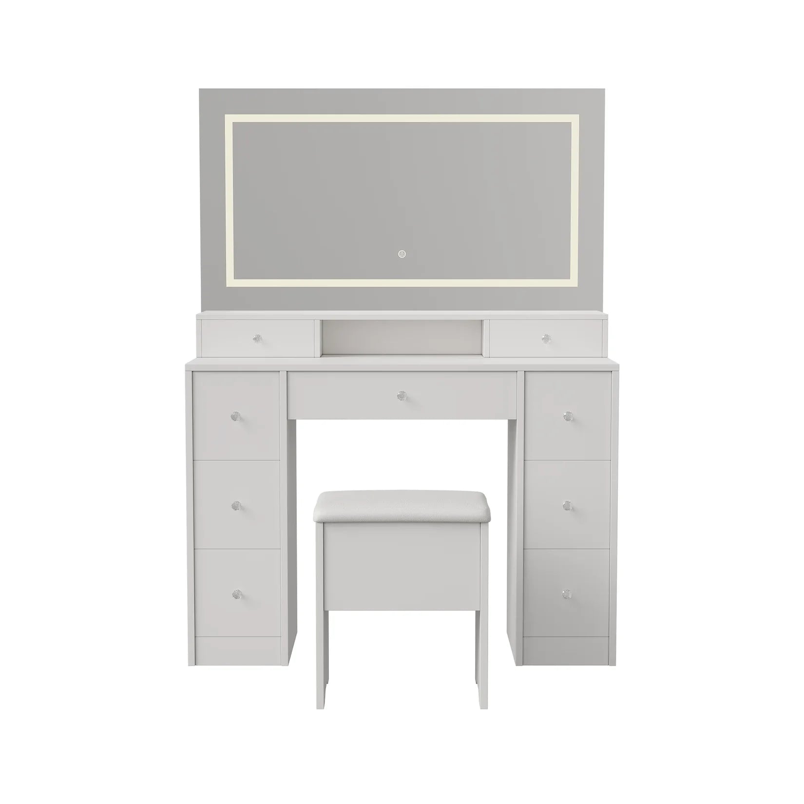 Coiffeuse Miroir LED Vue de Face avec Tabouret.