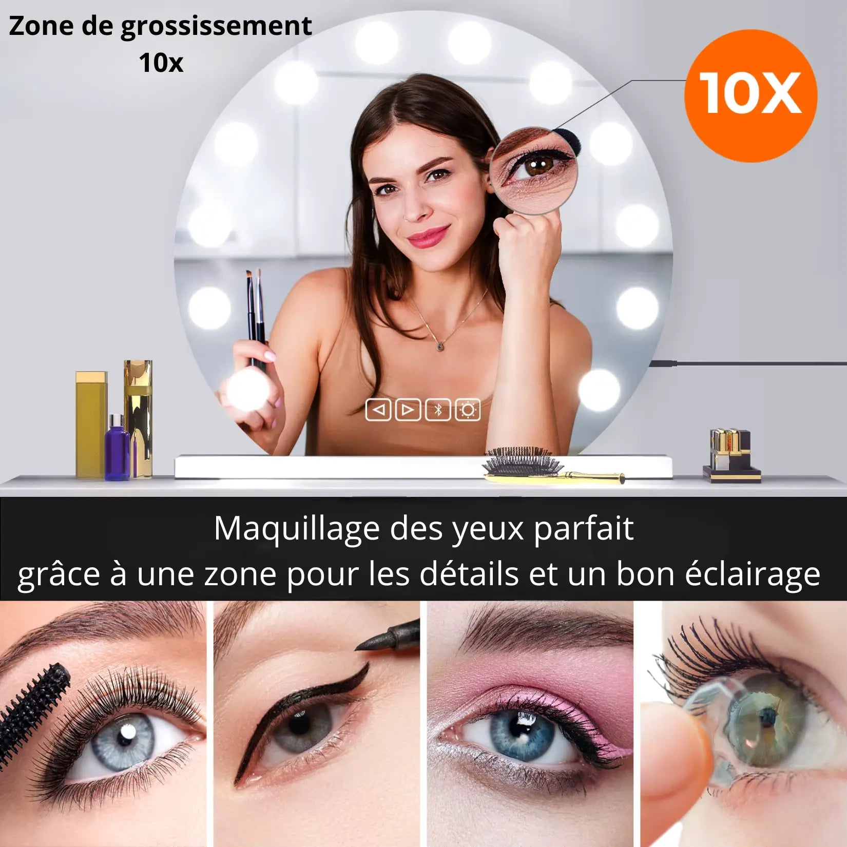 Coiffeuse Miroir Rond LED avec zoom 10X pour maquillage des yeux.