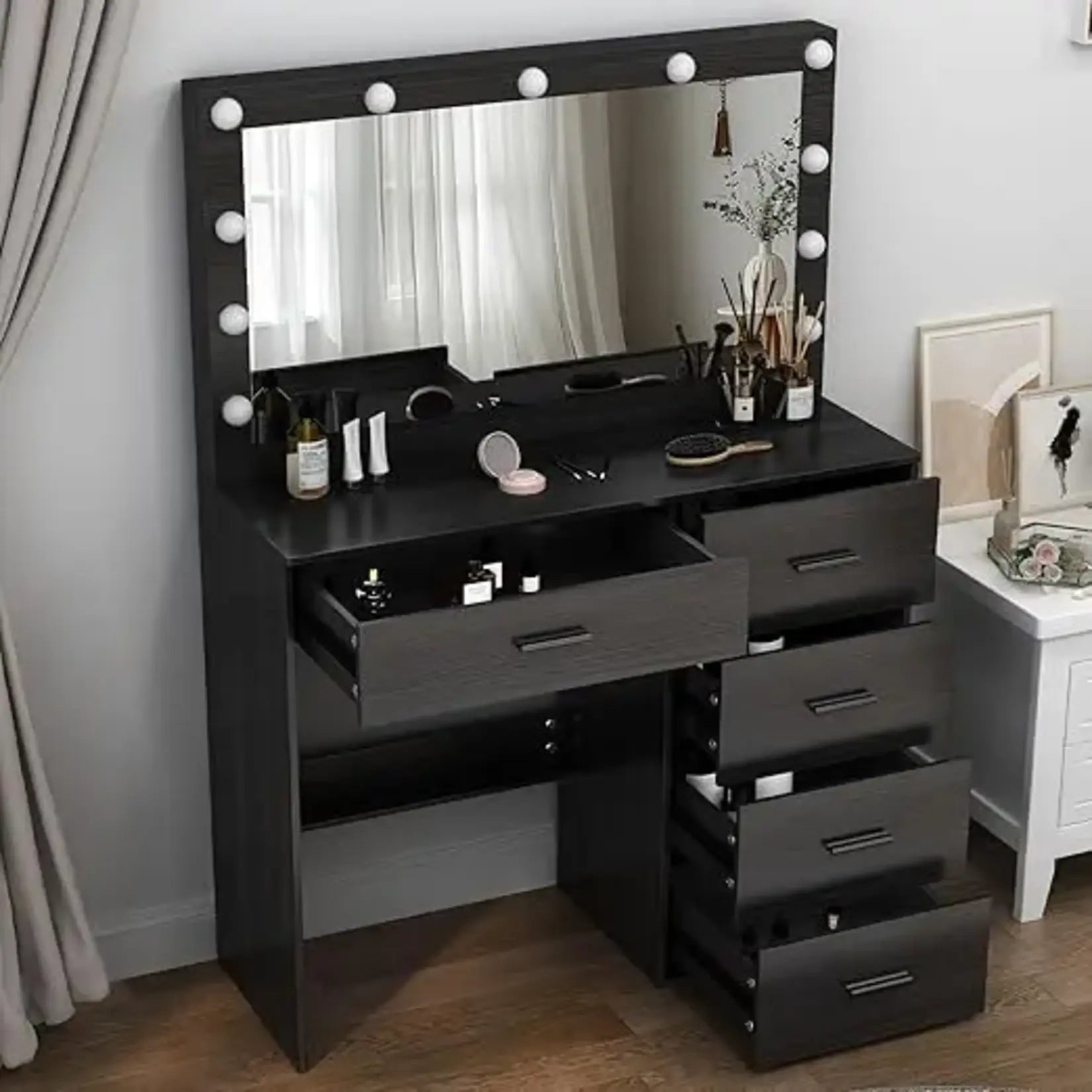 Coiffeuse Noire Miroir LED - 5 Tiroirs Complet Design Moderne.