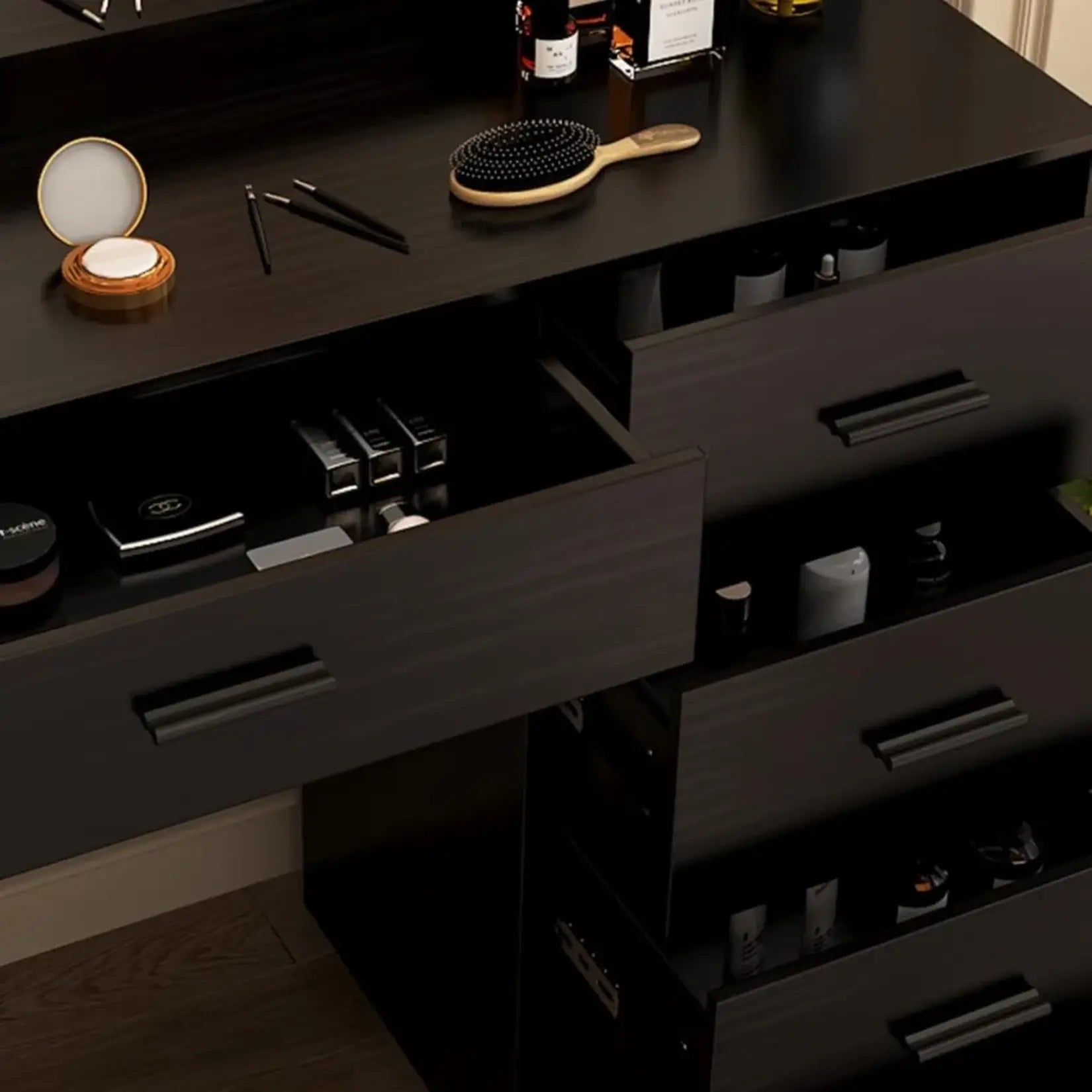 Coiffeuse Noire Miroir LED - Tiroirs Organisation Cosmétiques.