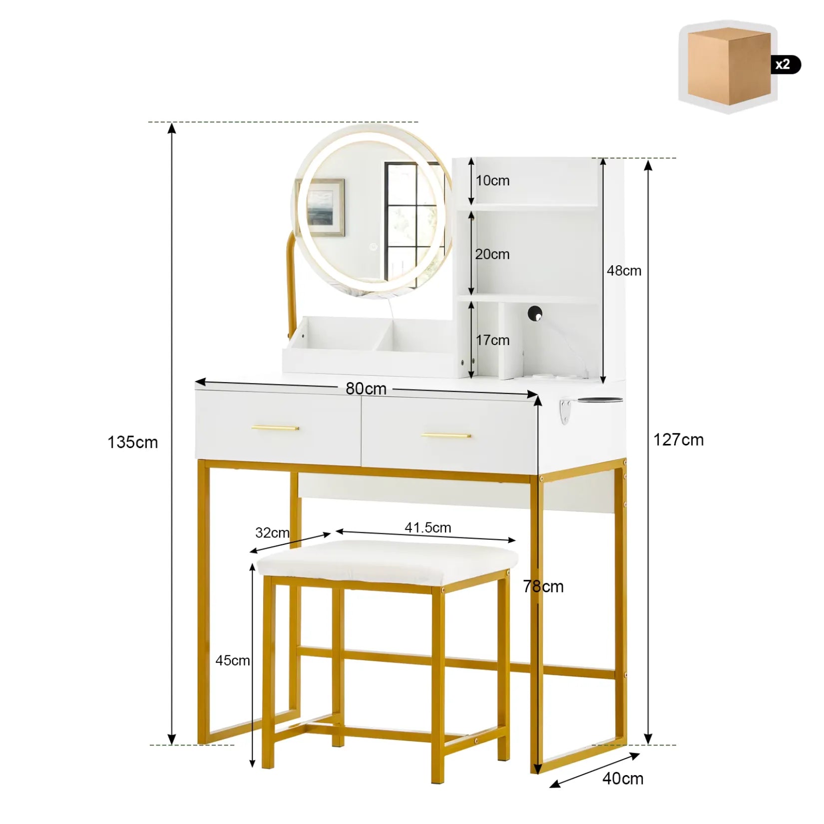 Coiffeuse pour Maquillage Dimensions Ensemble Blanc et Or.