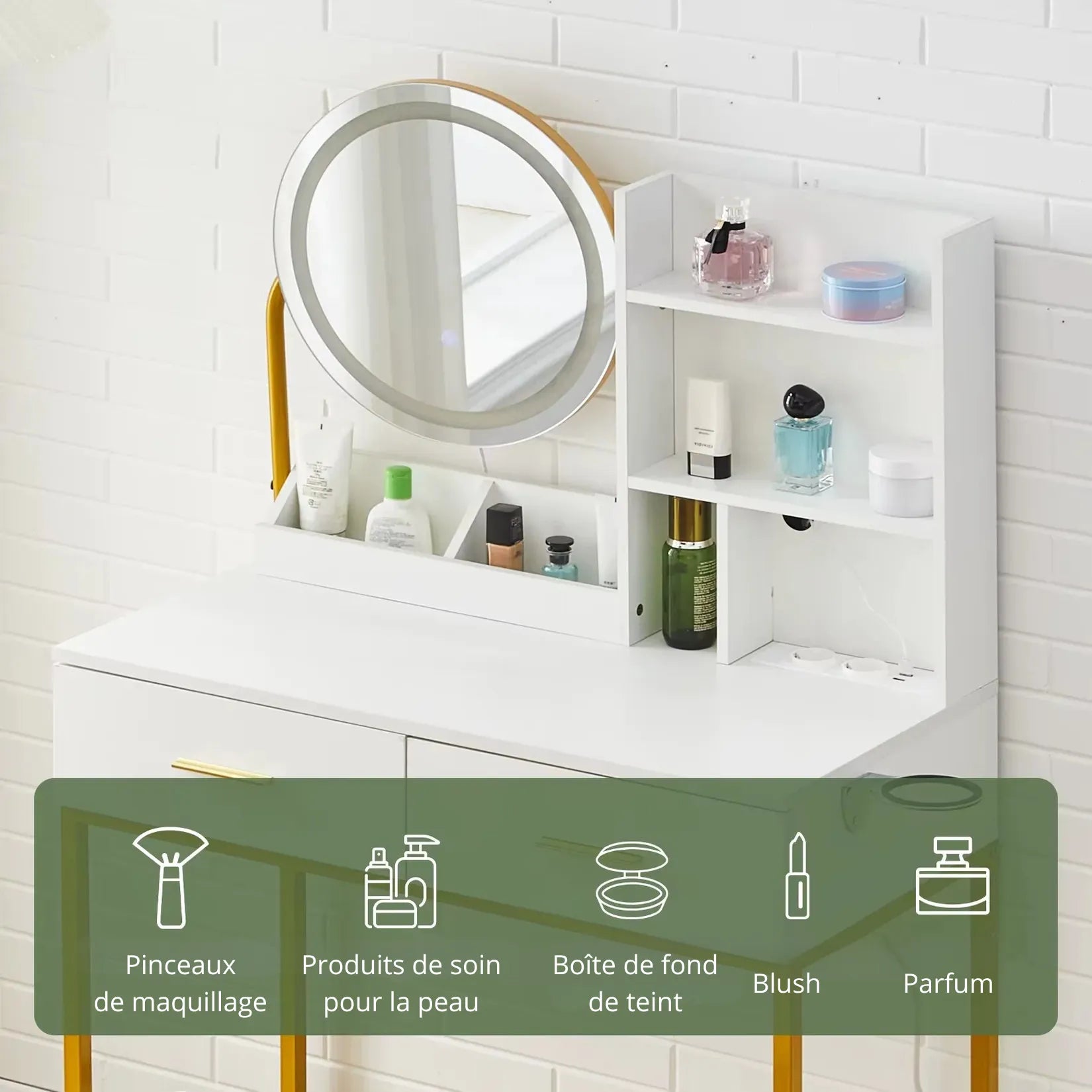 Coiffeuse pour Maquillage Étagères Rangement Produits de Beauté.