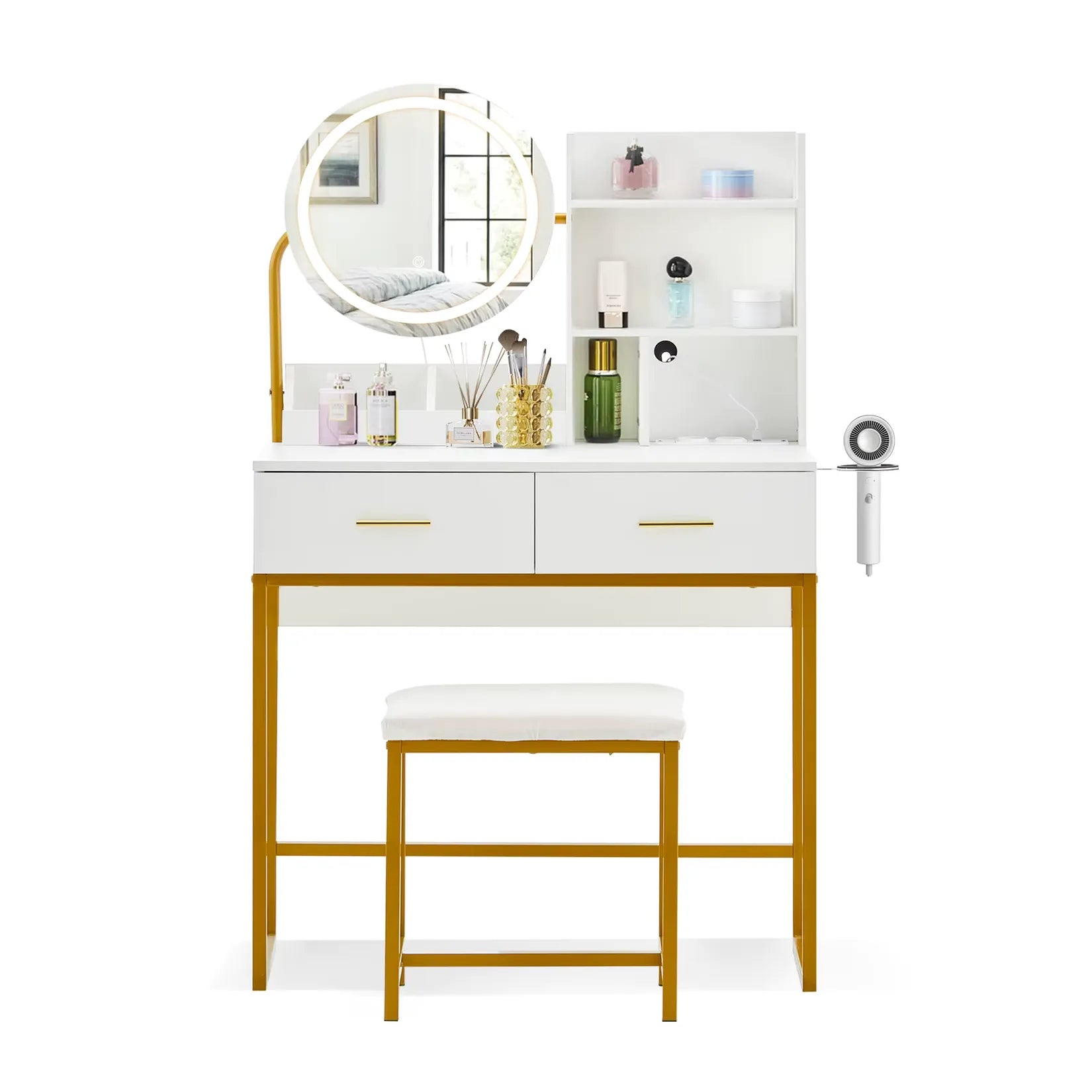 Coiffeuse pour Maquillage Miroir LED Rond Design Blanc et Or.