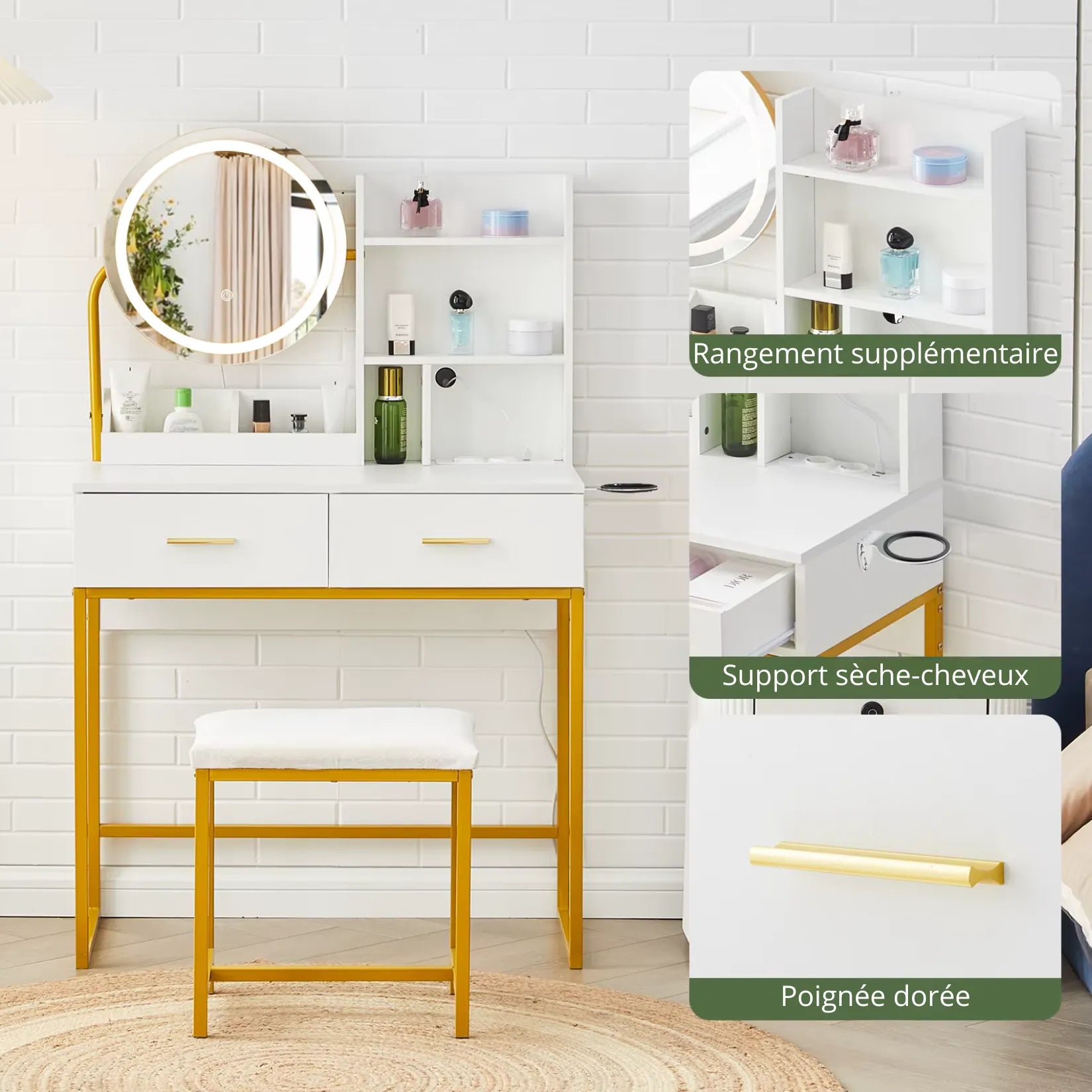 Coiffeuse pour Maquillage Rangement Support Sèche-Cheveux Poignée Dorée.