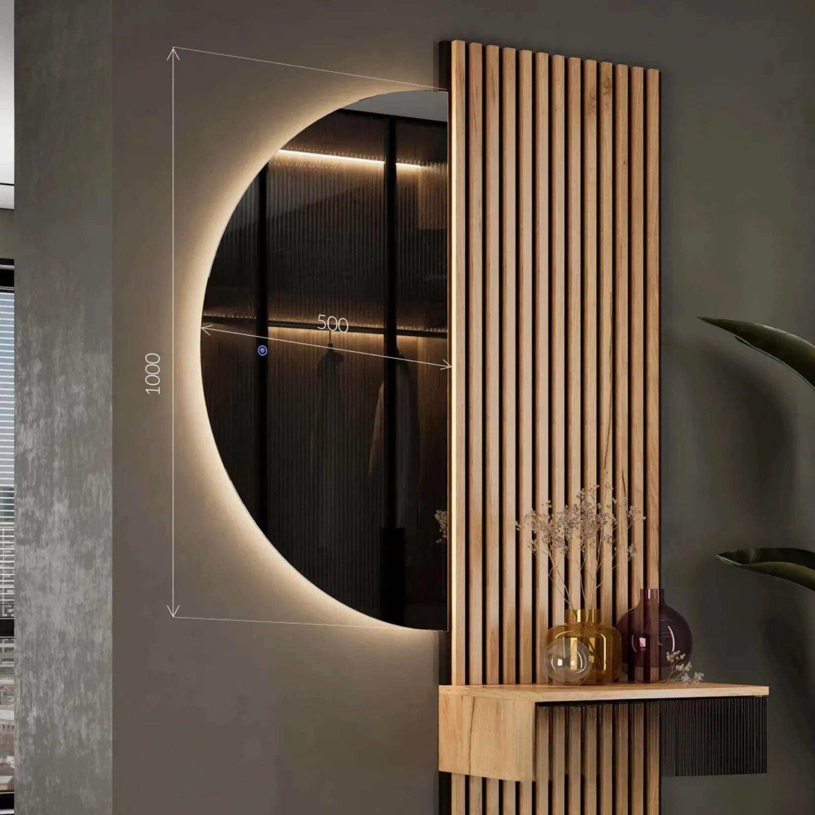 Demi miroir rond LED 50x100 cm – lifestyle entrée moderne bois rétroéclairé.