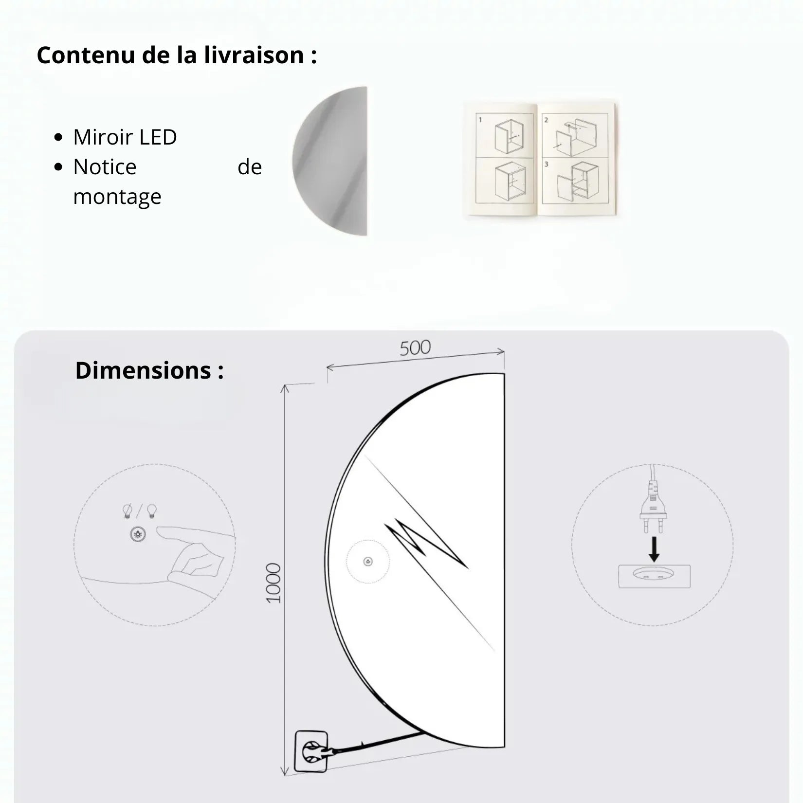 Demi miroir rond LED – dimensions 50x100 cm schéma technique et contenu livraison.