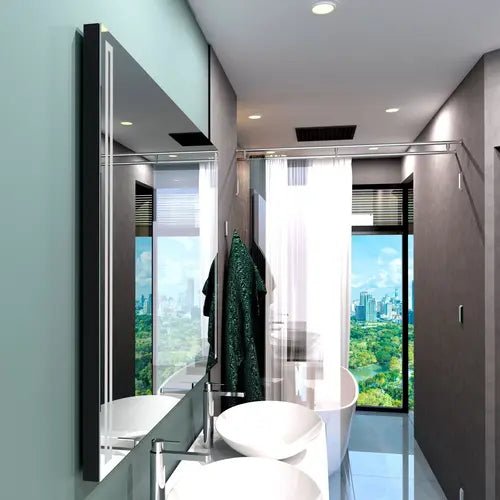 Détail du boîtier laminé premium du miroir rectangulaire 100x80 cm, disponible en noir, or brossé, et blanc alpin