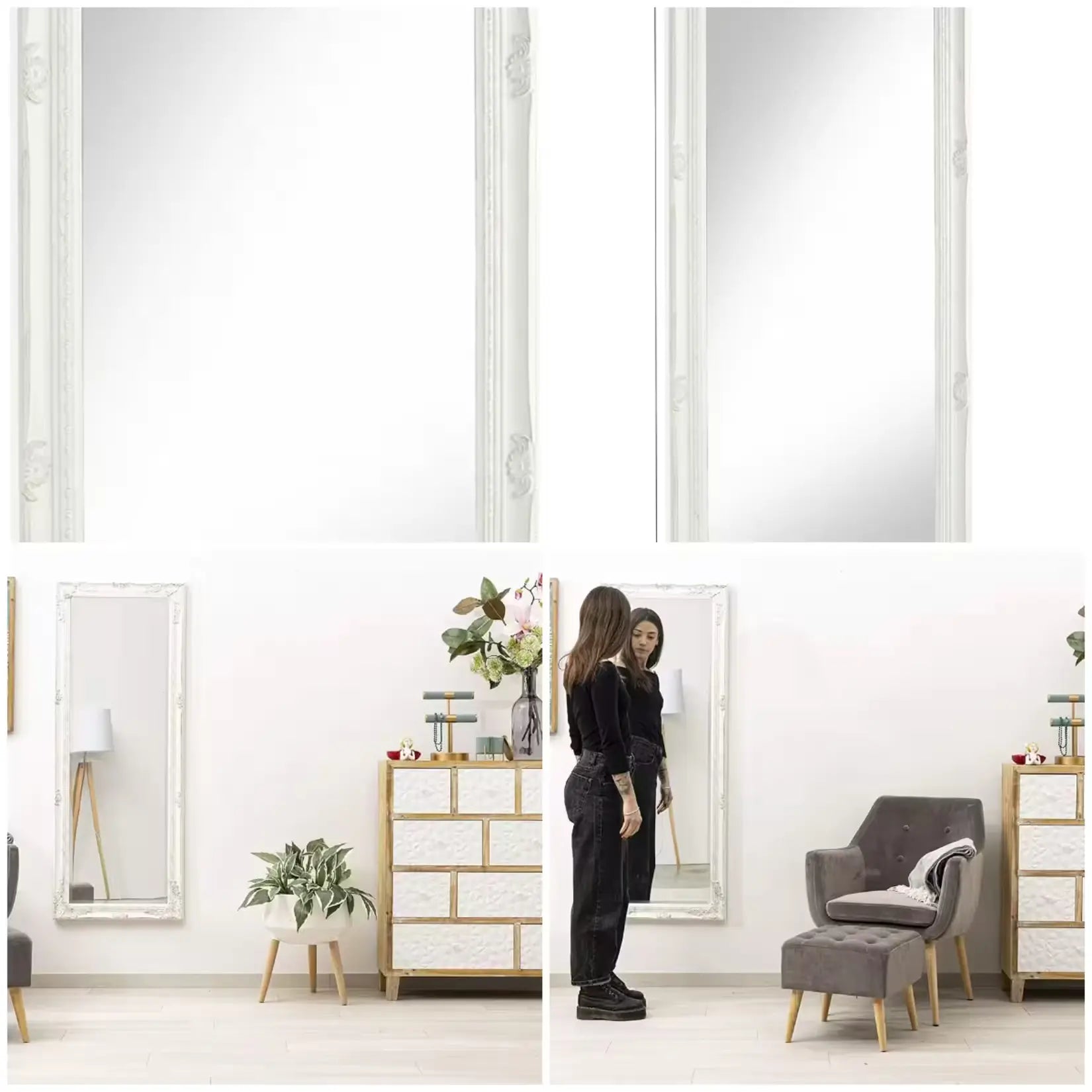 Détail des ornements sculptés et finition blanche patinée du cadre en bois rectangulaire.