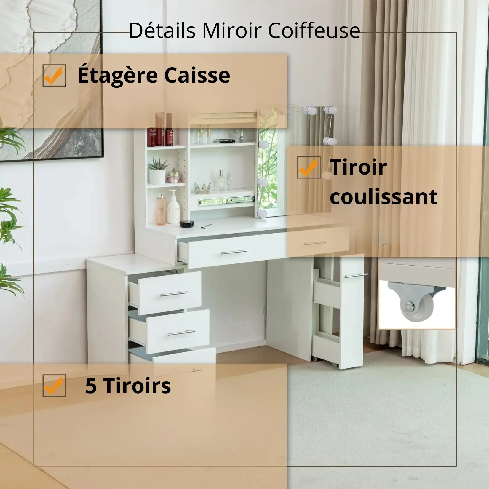 Vue générale des rangements avec 5 tiroirs et étagères latérales sur coiffeuse miroir avec tabouret.