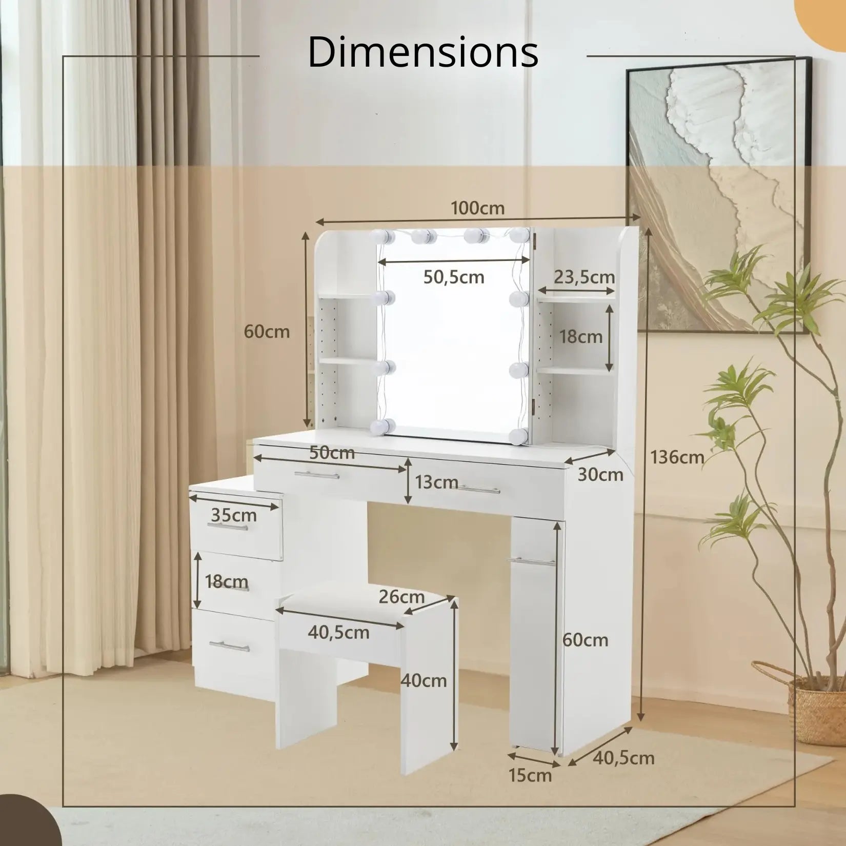 Schéma dimensionnel détaillé de la coiffeuse miroir avec LED et tabouret assorti.