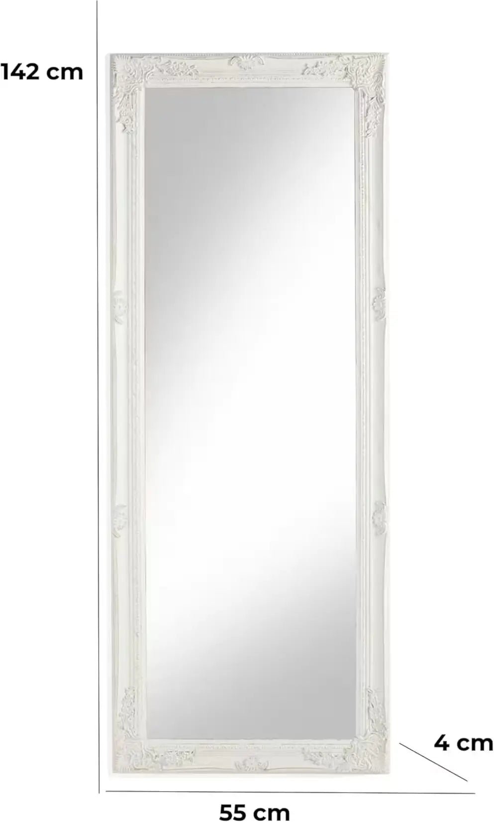 Dimensions miroir en bois rectangulaire blanc baroque : 142 cm hauteur x 55 cm largeur.