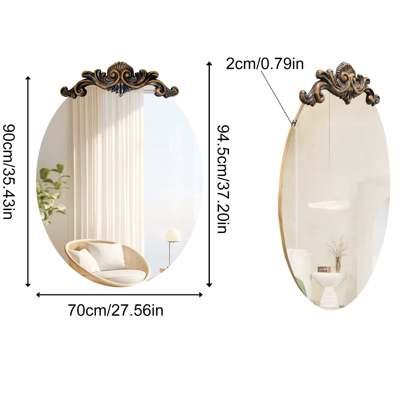 Dimensions du miroir ovale doré 70x94,5 cm, vue de face et vue de profil avec épaisseur de 2 cm.