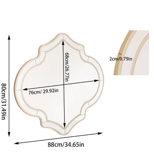 Détails techniques du miroir mural au design irrégulier, avec dimensions de 88x80 cm et épaisseur de 2 cm