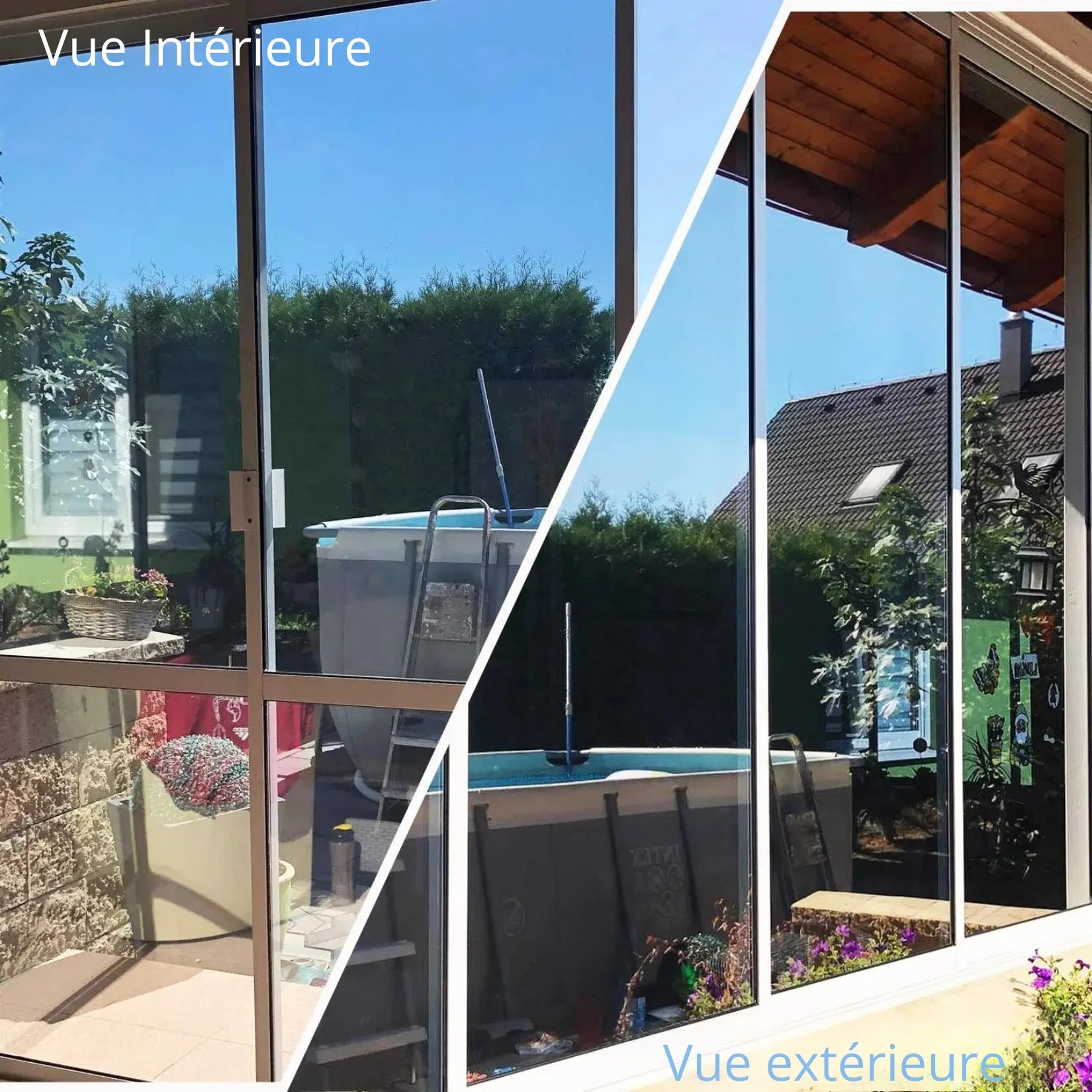 Film miroir sans tain intérieur baie vitrée.